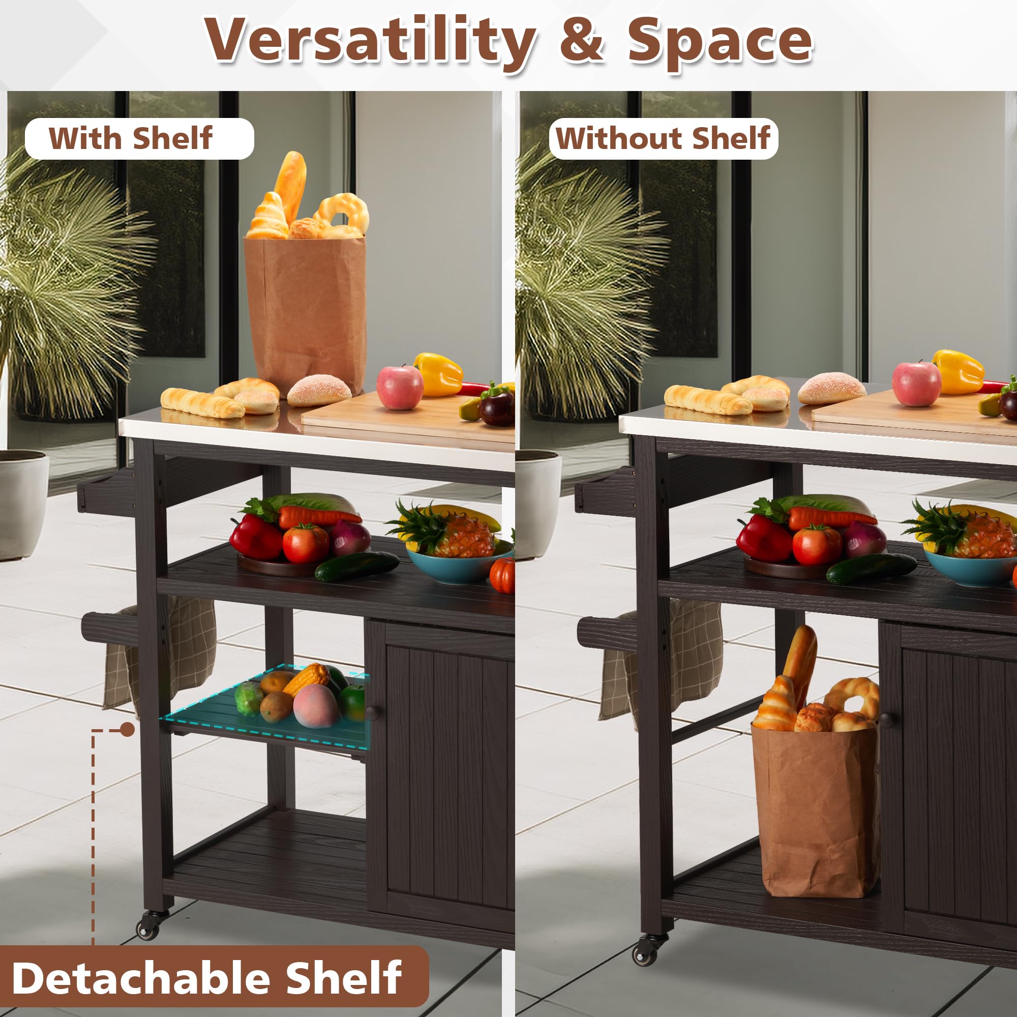 Premium AHB Outdoor Grill Table - Solid Wood Storage Cabinet with Stainless Steel Top | Rolling Kitchen Island & Movable Bar Cart for Patio, Backyard, Garden | Perfect for BBQs, Outdoor Cooking & Entertaining (Brown)