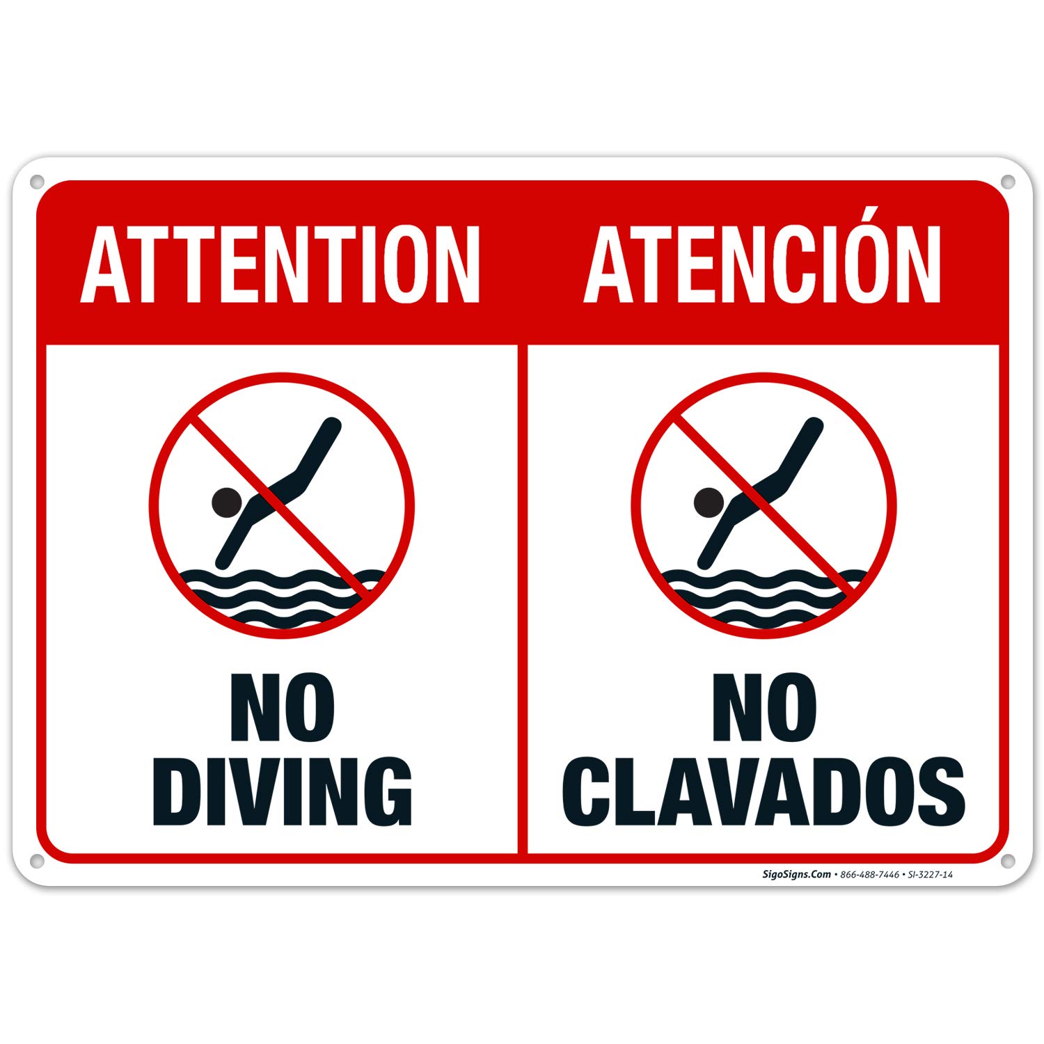 No Diving Pool Sign - Bilingual English/Spanish 10x14 Inches - Rust-Free .040 Aluminum - Fade Resistant - Easy Mounting - Indoor/Outdoor Use - Made in USA - Perfect for Swimming Pools, Water Parks & Backyard Safety