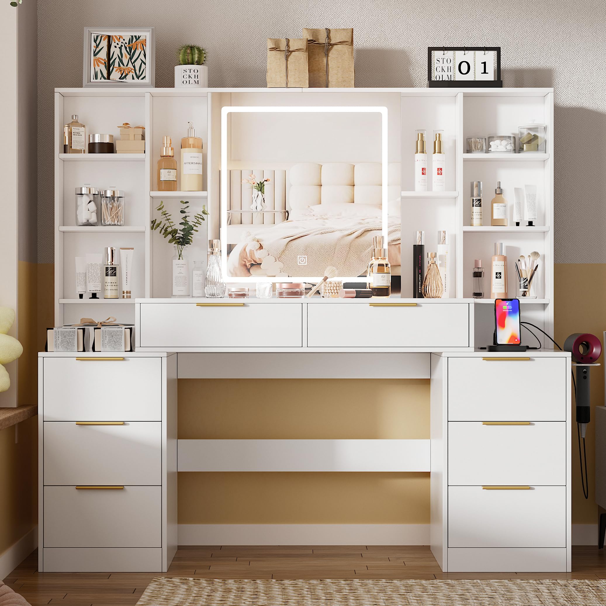 Large Makeup Vanity Desk with LED Lighted Mirror & Power Outlet, Brightness Adjustable Dresser Table with 3 Lighting Modes, 5 Drawers & Shelves, Hair Dryer Stand for Bedroom, White (No Stool) - Perfect for Home Salon, Bridal Dressing & Beauty Routine