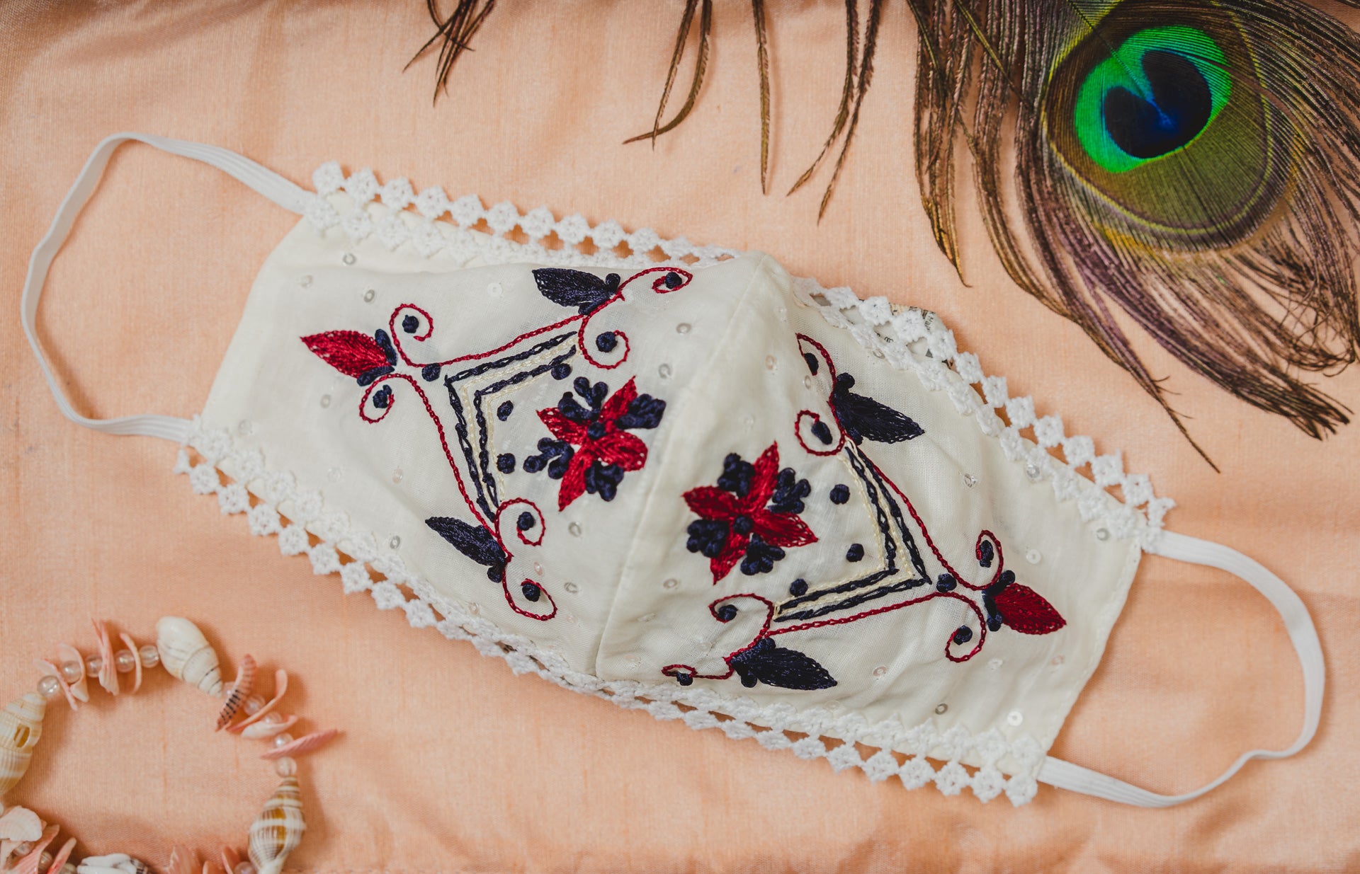 Floral Embroidered Cream Cotton Face Mask - Soft, Breathable & Reusable for Women & Men - Perfect for Daily Use, Travel & Outdoor Activities
