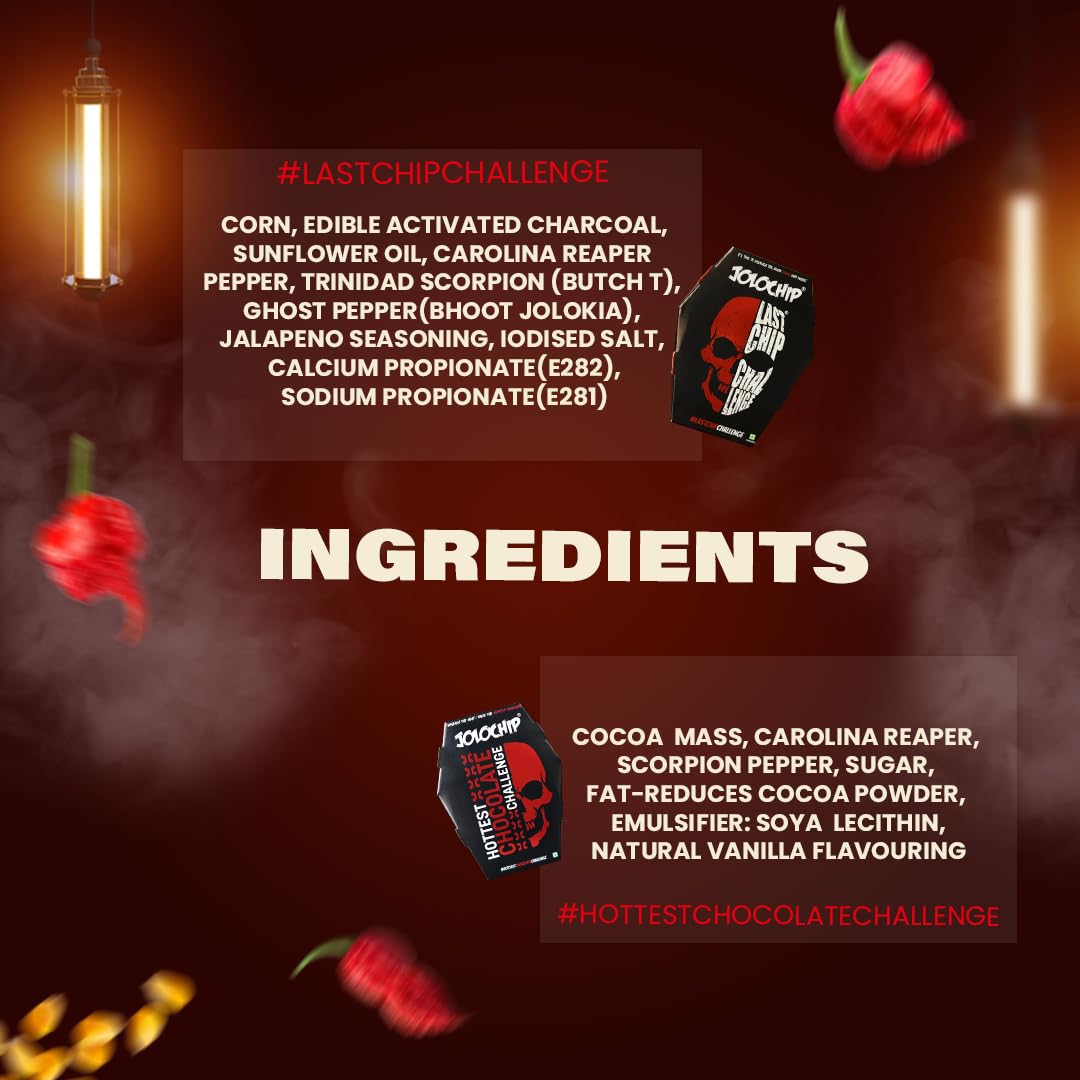 JOLOCHIP Deadly Combo - Extreme Heat Spicy Chip Challenge Pack (5g Last Chip + 10g Hottest Chocolate) with Carolina Reaper, Scorpion & Ghost Peppers - Perfect for Spicy Food Challenges, YouTube Videos & Dare Games
