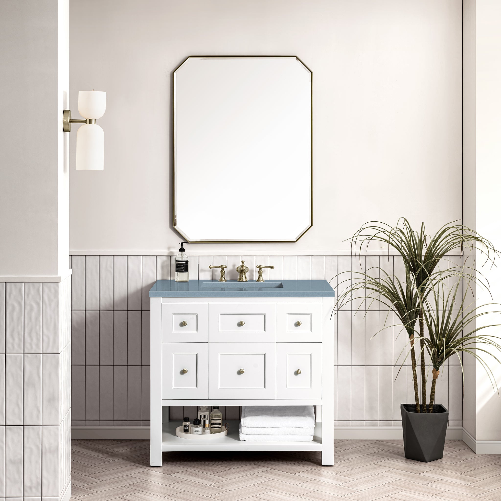 Breckenridge 36 Inch Single Bathroom Vanity Set with Bright White Finish & 3CM Cala Blue Quartz Top - Modern Sink Cabinet for Small Bathrooms, Powder Rooms & Guest Suites