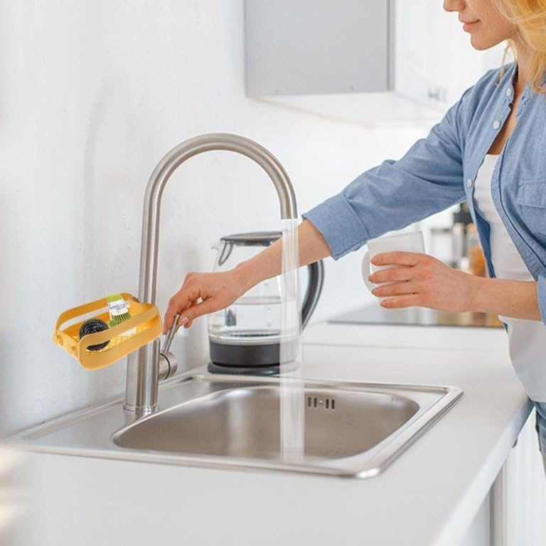 Arkit Plastic Faucet Drain Basket - Sink Organizer & Sponge Drain Rack with Wall Mount - Yellow | Kitchen Sink Storage for Sponges, Soap & Utensils | Perfect for Small Kitchens, RVs & Bathrooms