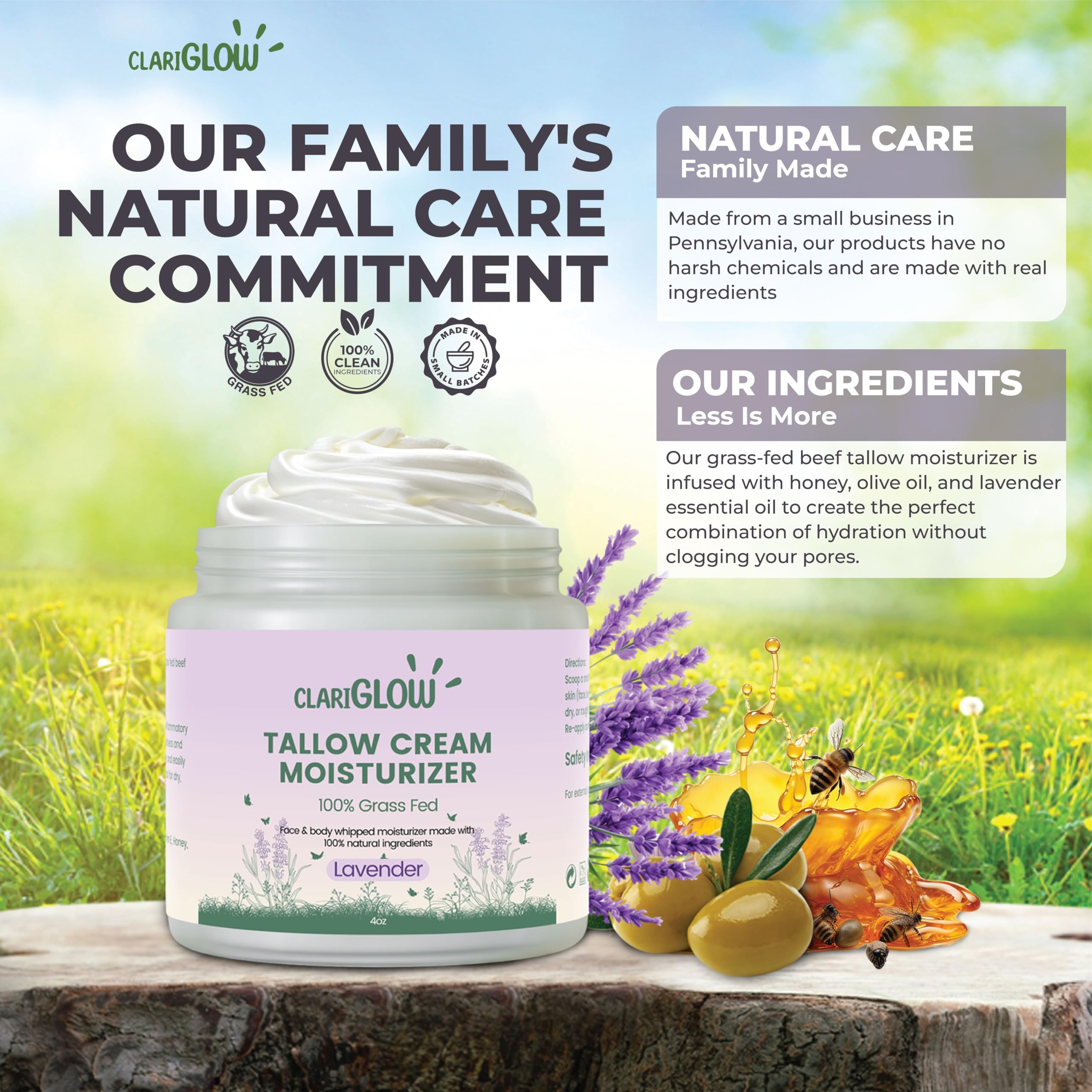 100% Grass-Fed Beef Tallow Face Moisturizer & Body Balm with Honey & Lavender - 4oz Natural Skin Care Cream for Dry Skin, Eczema & Anti-Aging | Perfect for Night Routine, Sensitive Skin & Organic Beauty Lovers