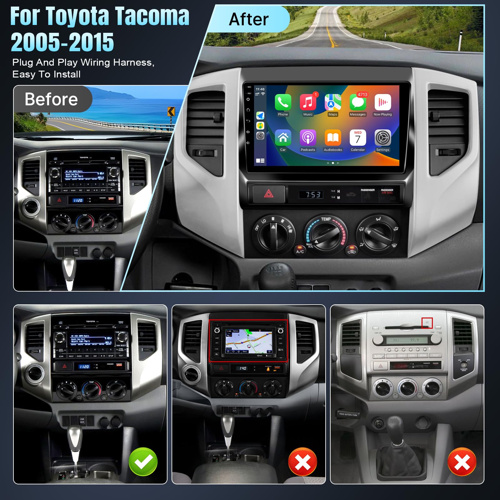 Leadfan 9 Inch Car Stereo for Toyota Tacoma 2005-2015 - Wireless CarPlay, Android Auto, Touch Screen, GPS, Bluetooth, FM Radio, AHD Backup Camera - Perfect for Hands-Free Driving & Entertainment