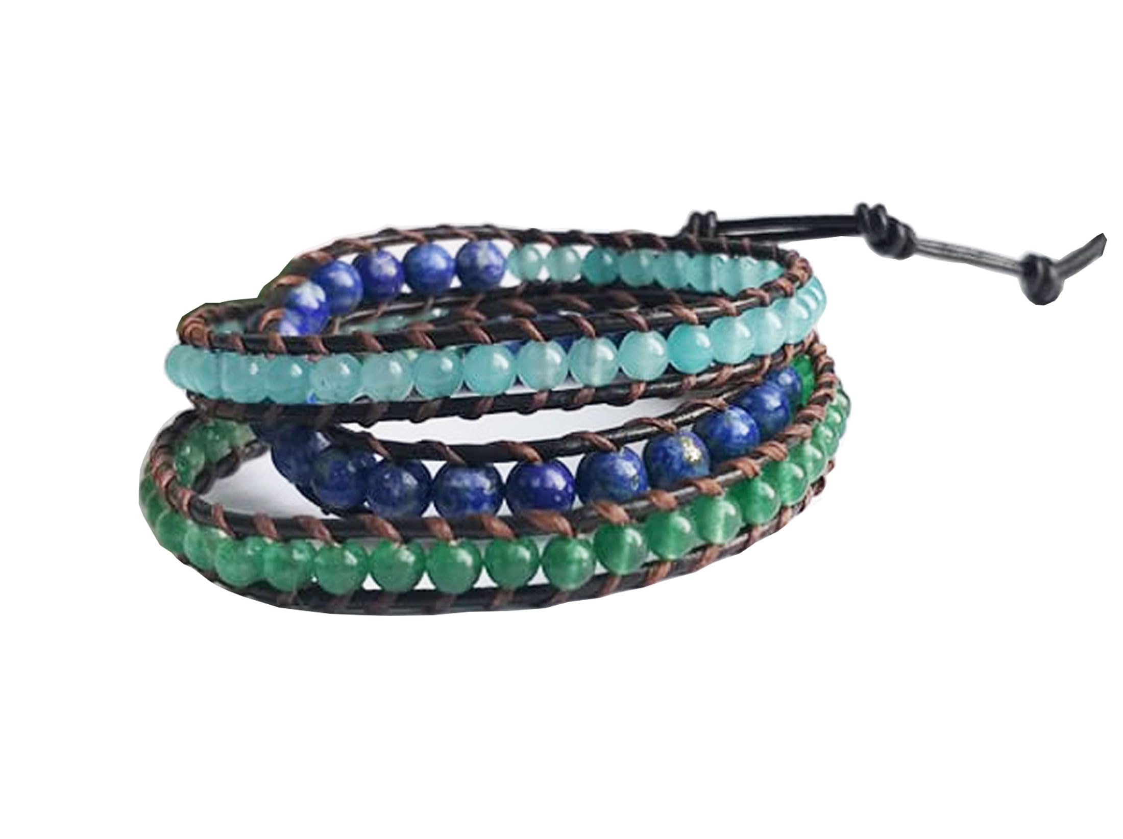 3-Pack Green Jade Aventurine Lapis Stone Leather Wrap Bracelets for Men & Women – Blue & Green Beaded Gemstone Bracelets for Yoga, Meditation & Boho Fashion