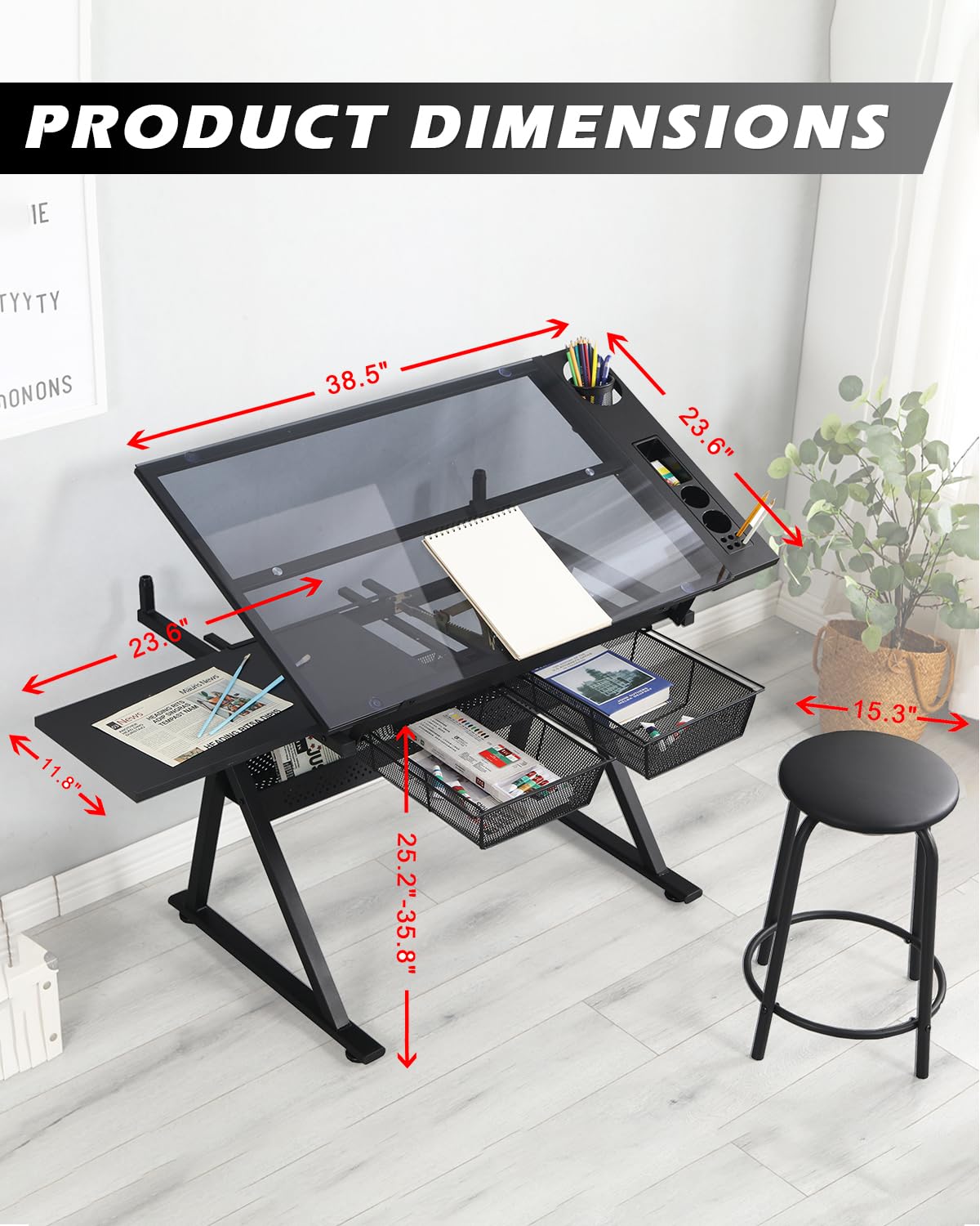 LifeSky Adjustable Drafting Table for Artists & Designers - Professional Drawing Desk with Storage Drawers & Glass Surface - Perfect for Painting, Sketching & Illustration Work - Ideal Home & Studio Art Furniture for Painters, Illustrators & Cartoonists