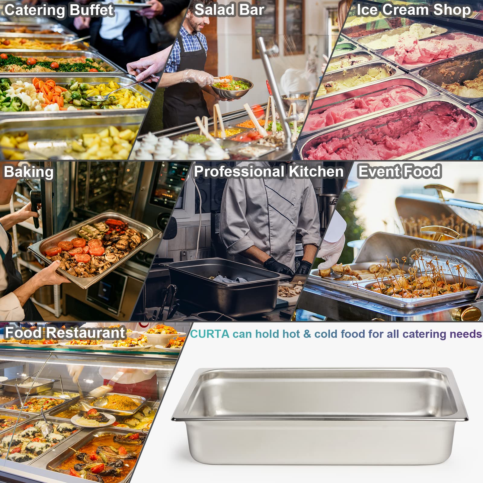 6 Pack Anti-Jam Commercial Stainless Steel Hotel Pans - 4 Inch Deep NSF 18/8 Catering Food Storage Pans for Buffet, Steam Tables & Restaurant Use
