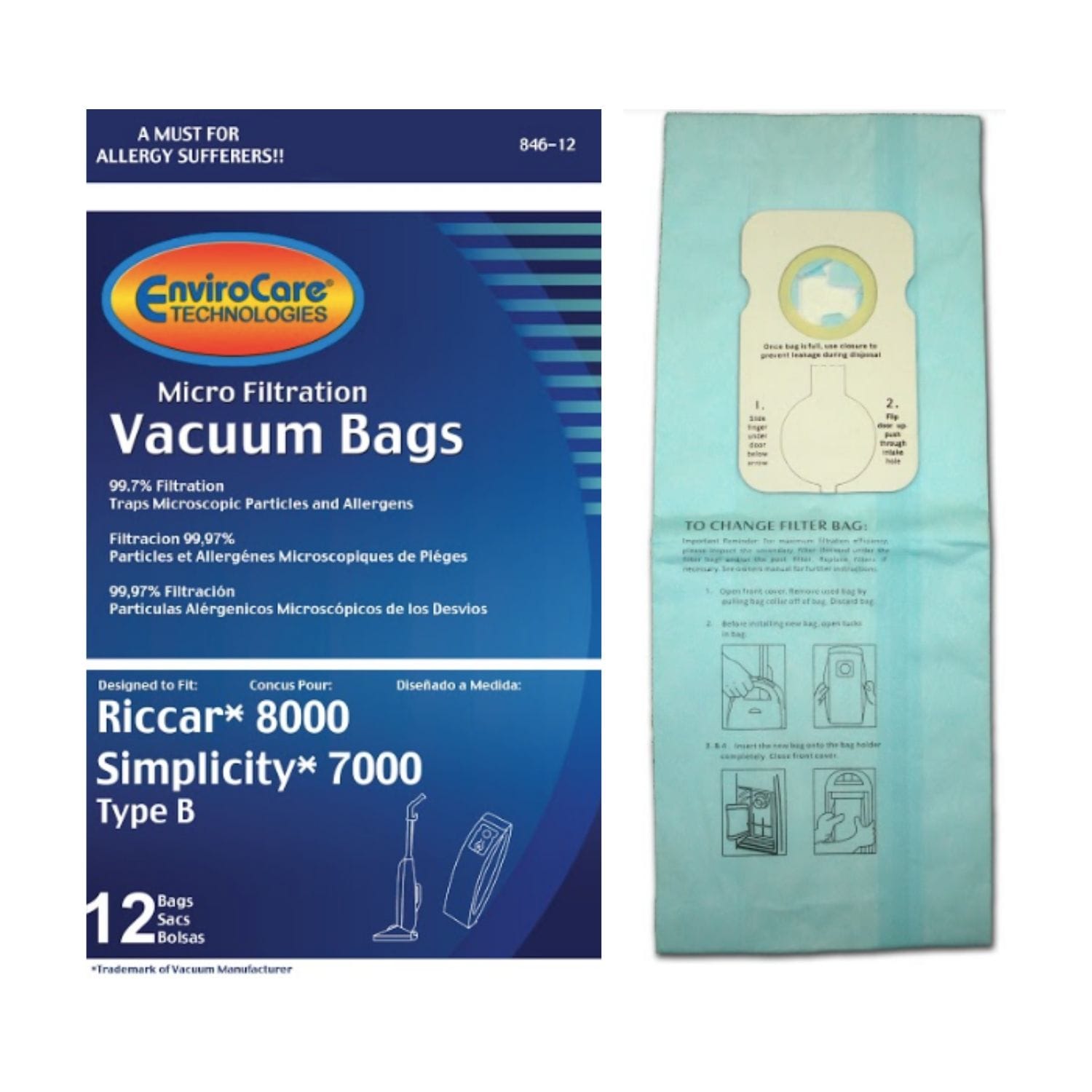 Simplicity & Riccar Vacuum Bags Type B - 12 Pack | Premium Dust Bags for Upright Vacuums | Perfect for Pet Hair, Allergies & Deep Cleaning