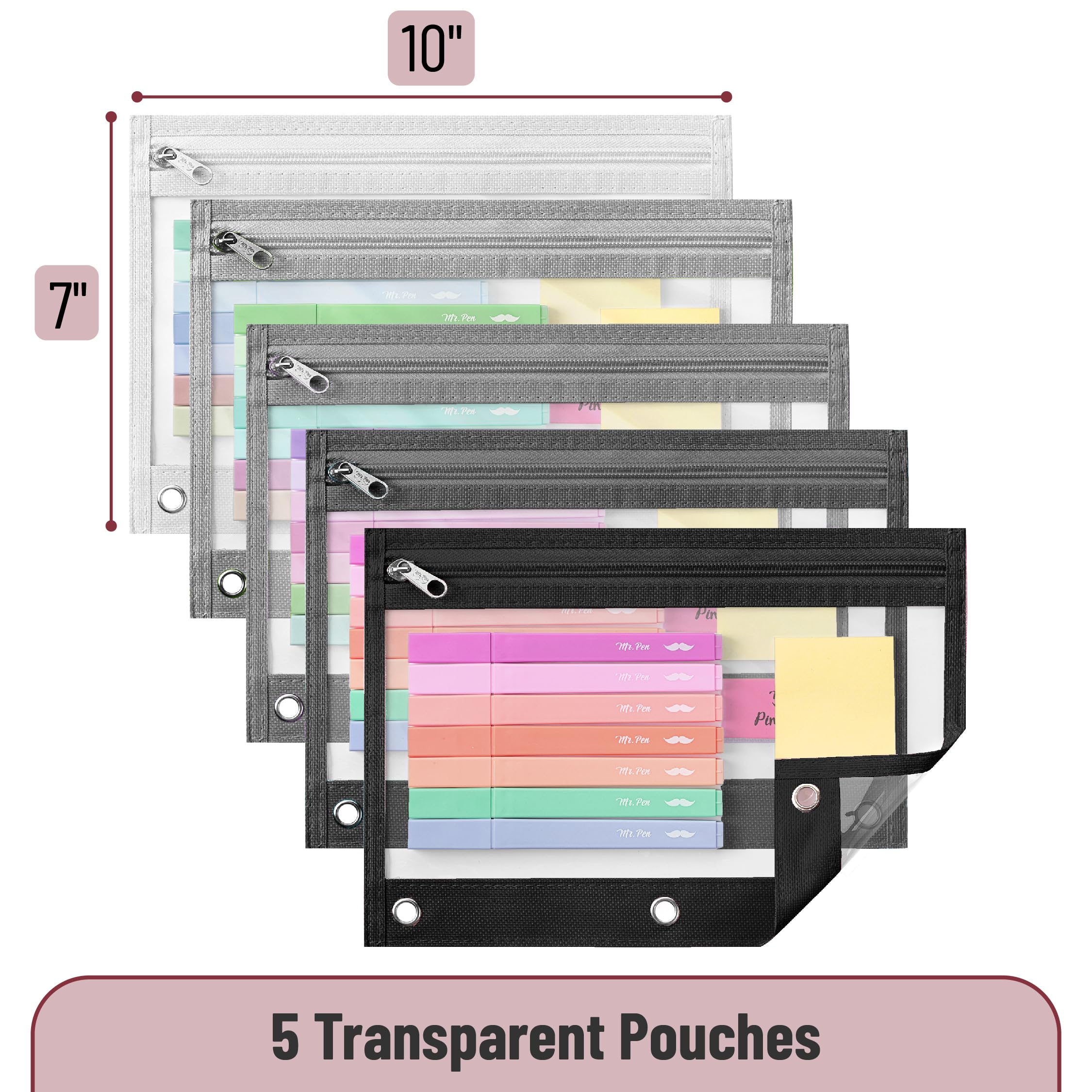 Mr. Pen 5-Pack Clear Window Pencil Pouches with Zipper for 3-Ring Binder - Durable School & Office Supplies for Students, Teachers & Professionals - Perfect for Organizing Pens, Pencils & Stationery
