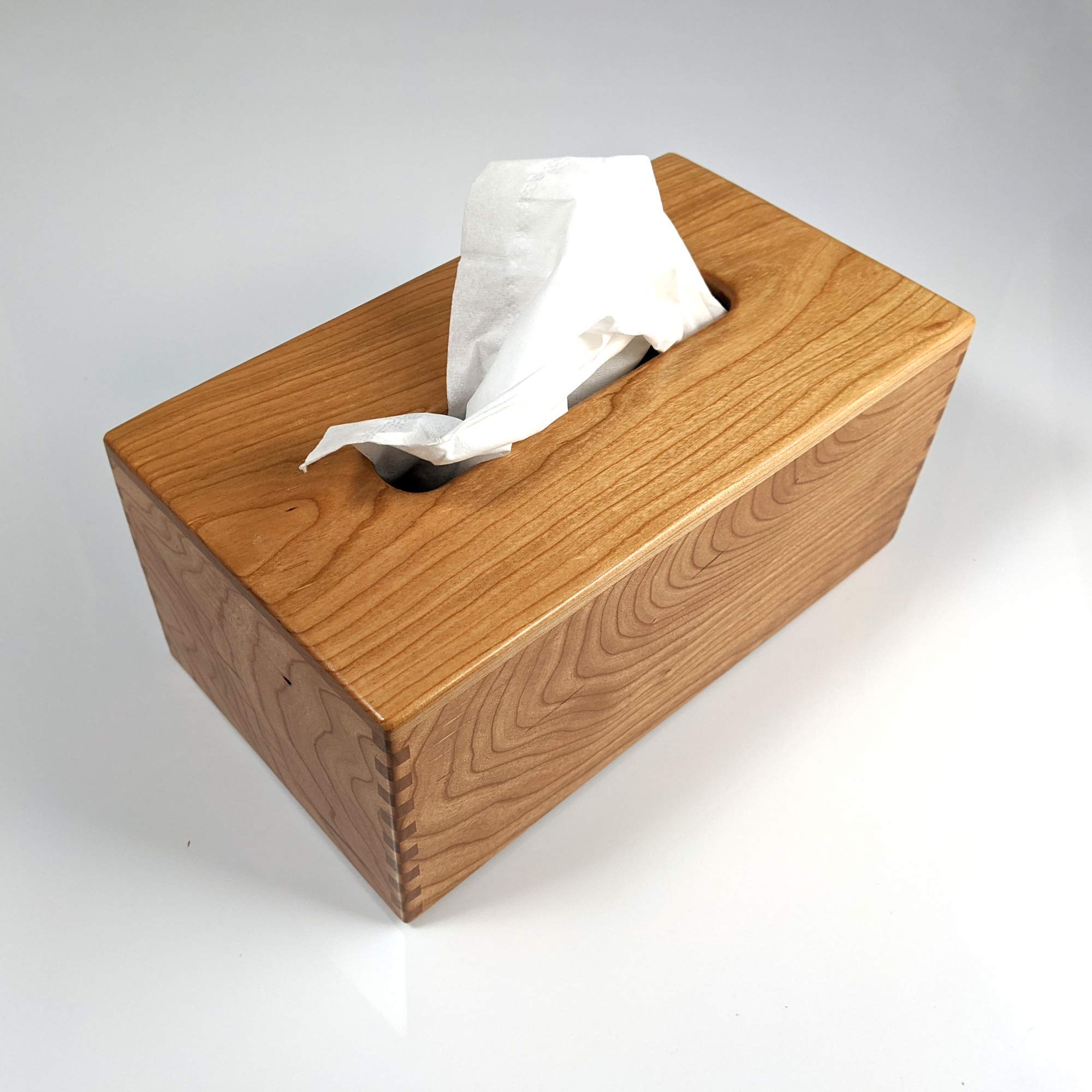 Handmade Cherrywood Tissue Box Cover - Solid Wood Rectangle Tissue Box Holder with Box-Jointed Sides for Home & Office Decor