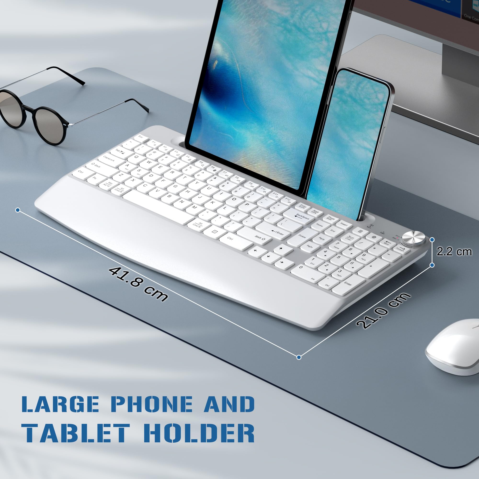 Ergonomic Wireless Keyboard and Mouse Combo with Phone Holder & Wrist Rest - Full Size Quiet Keyboard for Mac, PC, Laptop - Volume Control & Silver Design - Perfect for Office, Home & Gaming Use