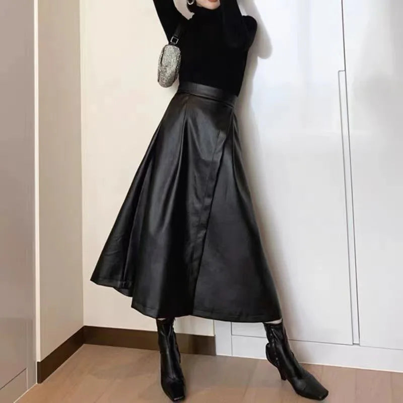 Women's High Waisted PU Leather Long Skirt - Elegant Black Midi Split Skirt for Autumn Winter Fashion | Streetwear, Office Wear & Night Out Outfits