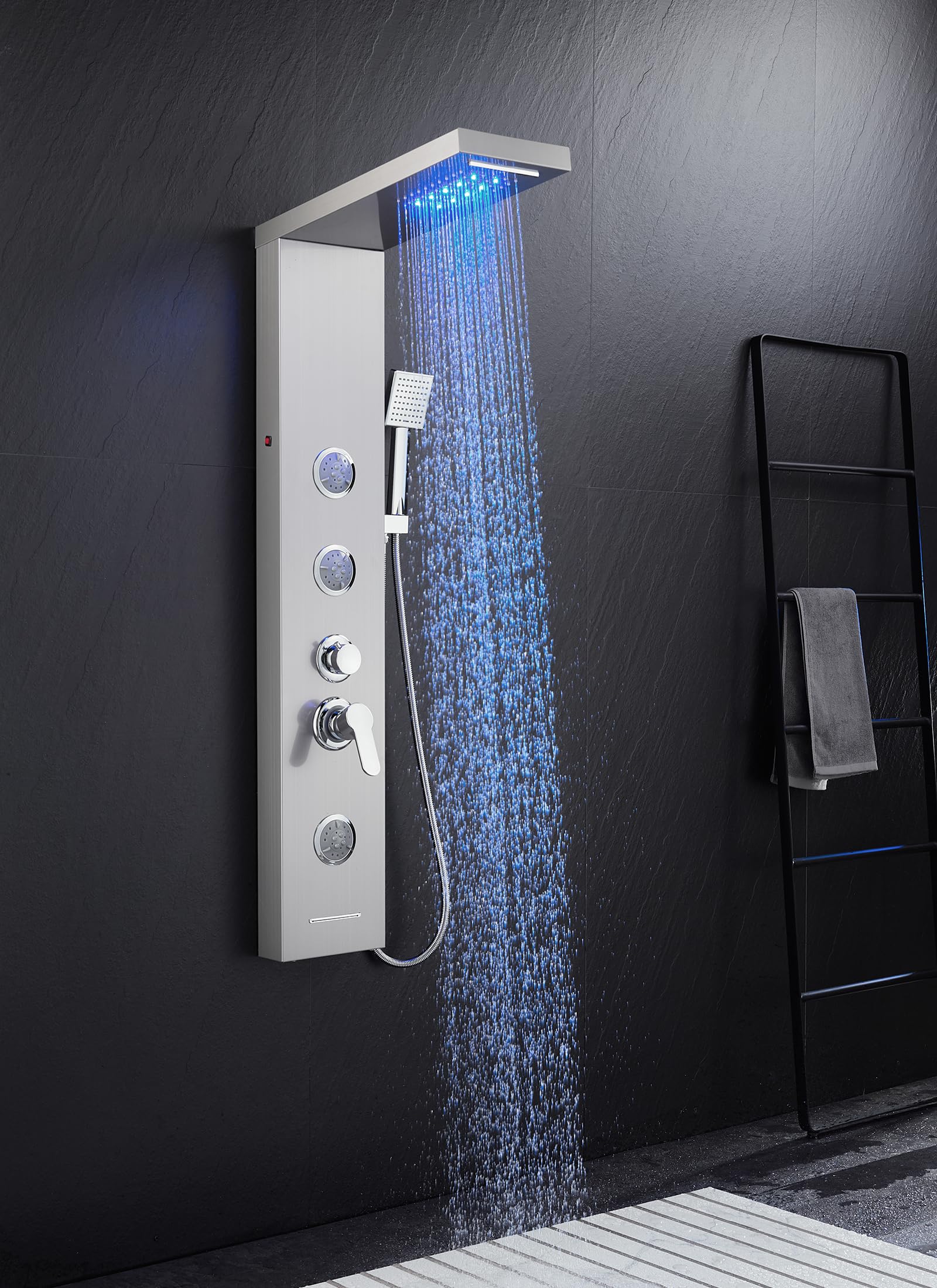 5 in 1 Shower Panel Tower System with LED Lights - Rainfall & Waterfall Shower Head, 3 Adjustable Body Jets, Handheld Shower & Tub Spout (Brushed Nickel) - Luxury Bathroom Upgrade for Spa-Like Experience at Home