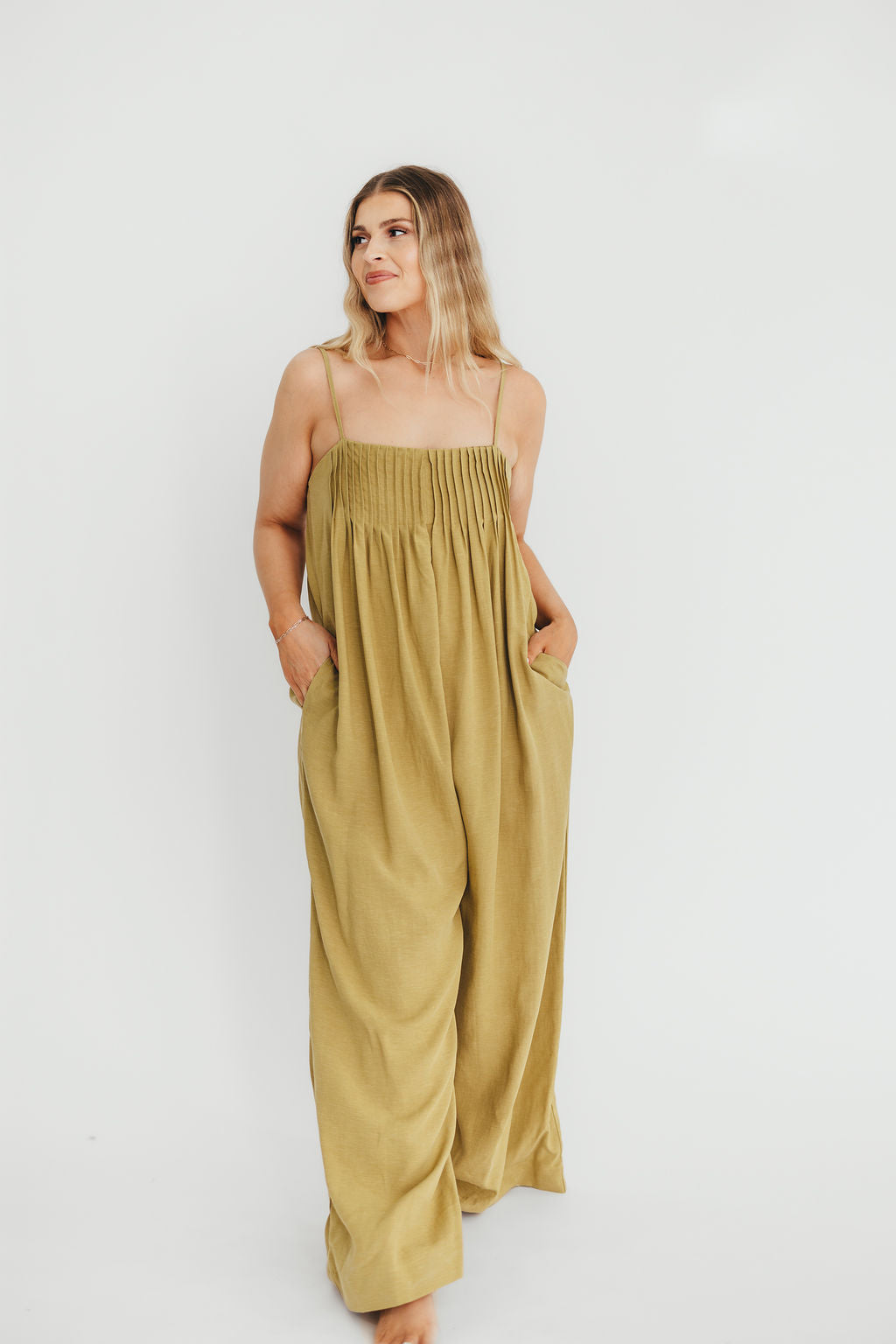 Adeline Pleated Jumpsuit for Women - Olive Green Wide Leg Romper with Pockets | Casual Chic Outfit for Brunch, Date Night & Summer Vacations