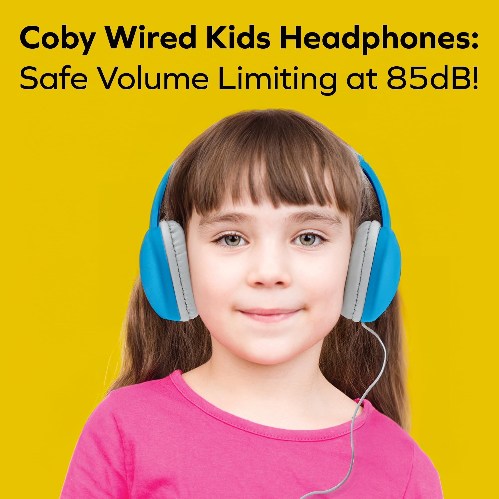 Coby Wired Kids Headphones with Microphone - 85dB Volume Limiting, Lightweight Over-Ear Headphones for Children, Noise Isolation, Safe for School & Travel (Blue) - Perfect for Online Classes, Airplane Trips & Home Learning