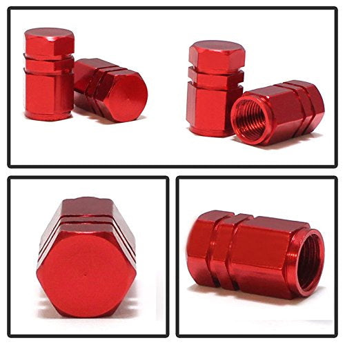 (4) Red Anodized Aluminum Tire Valve Caps - Hexagon Racing Style - Durable & Stylish Car Accessories for Sports Cars, Motorcycles & Bikes - Perfect for Car Enthusiasts & Auto Upgrades