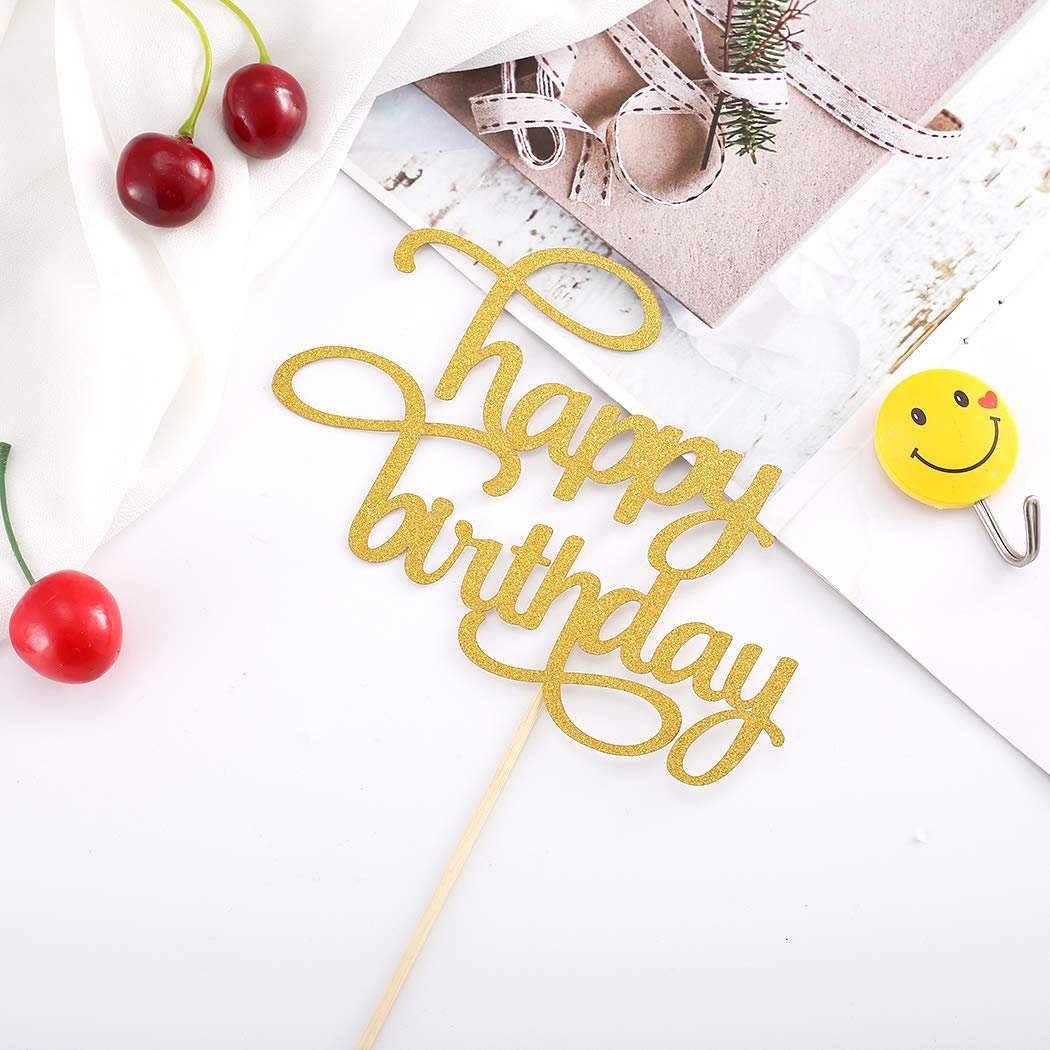 Gold Glitter Happy Birthday Cake Topper - Single-Sided Photo Booth Prop for 1st Anniversary & Cake Smash Decor | Party Supplies for Birthday Celebrations, Baby Showers & Special Events