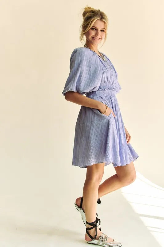 Lavender Back Button Puff Sleeve Mini Dress for Women | Summer Beach Resort Outfit | Perfect for Vacation, Wedding Guest & Date Night