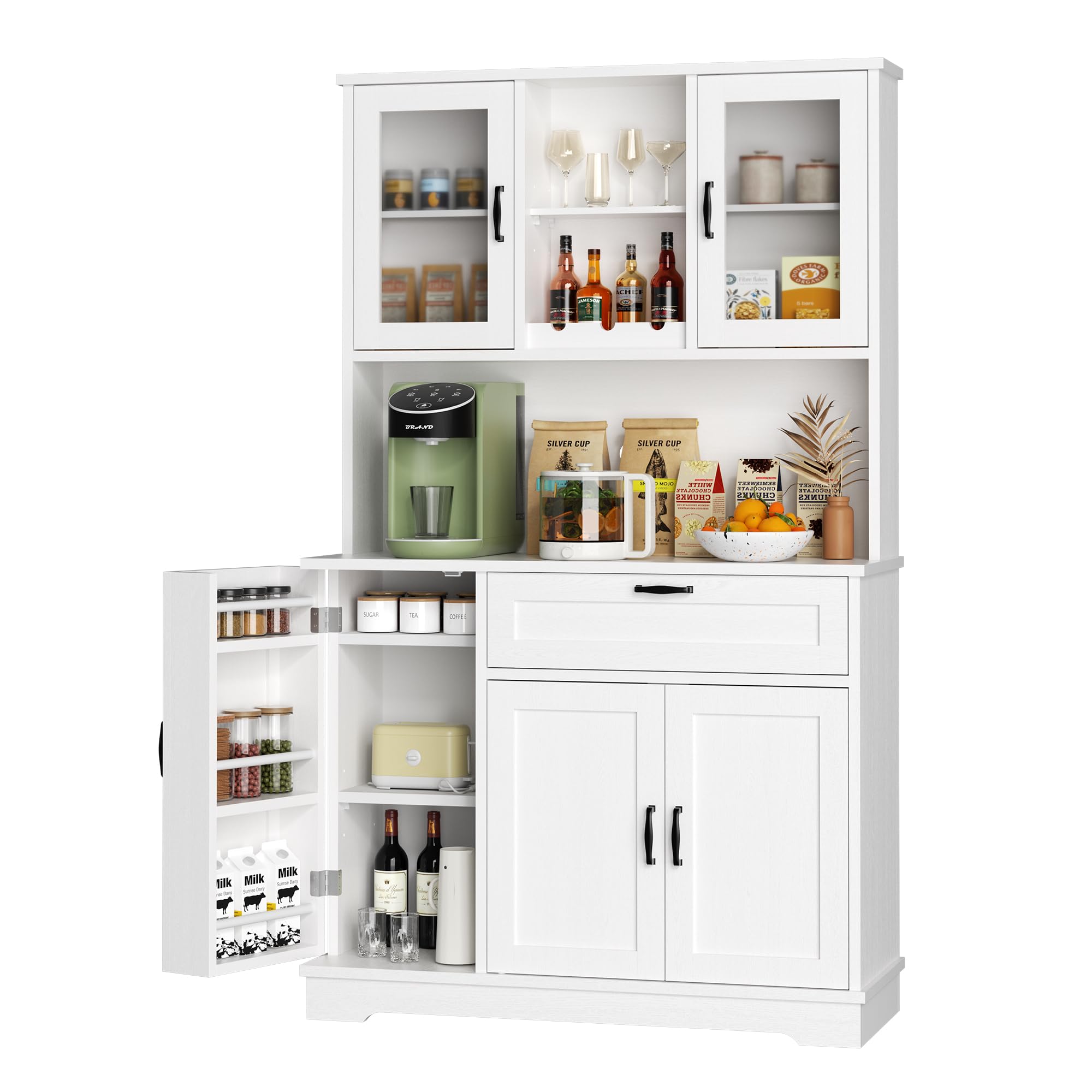 Modern White Tall Kitchen Pantry Cabinet with Hutch & Microwave Stand - Glass Door Storage for Coffee Bar, Dining Room - Perfect for Small Spaces & Kitchen Organization