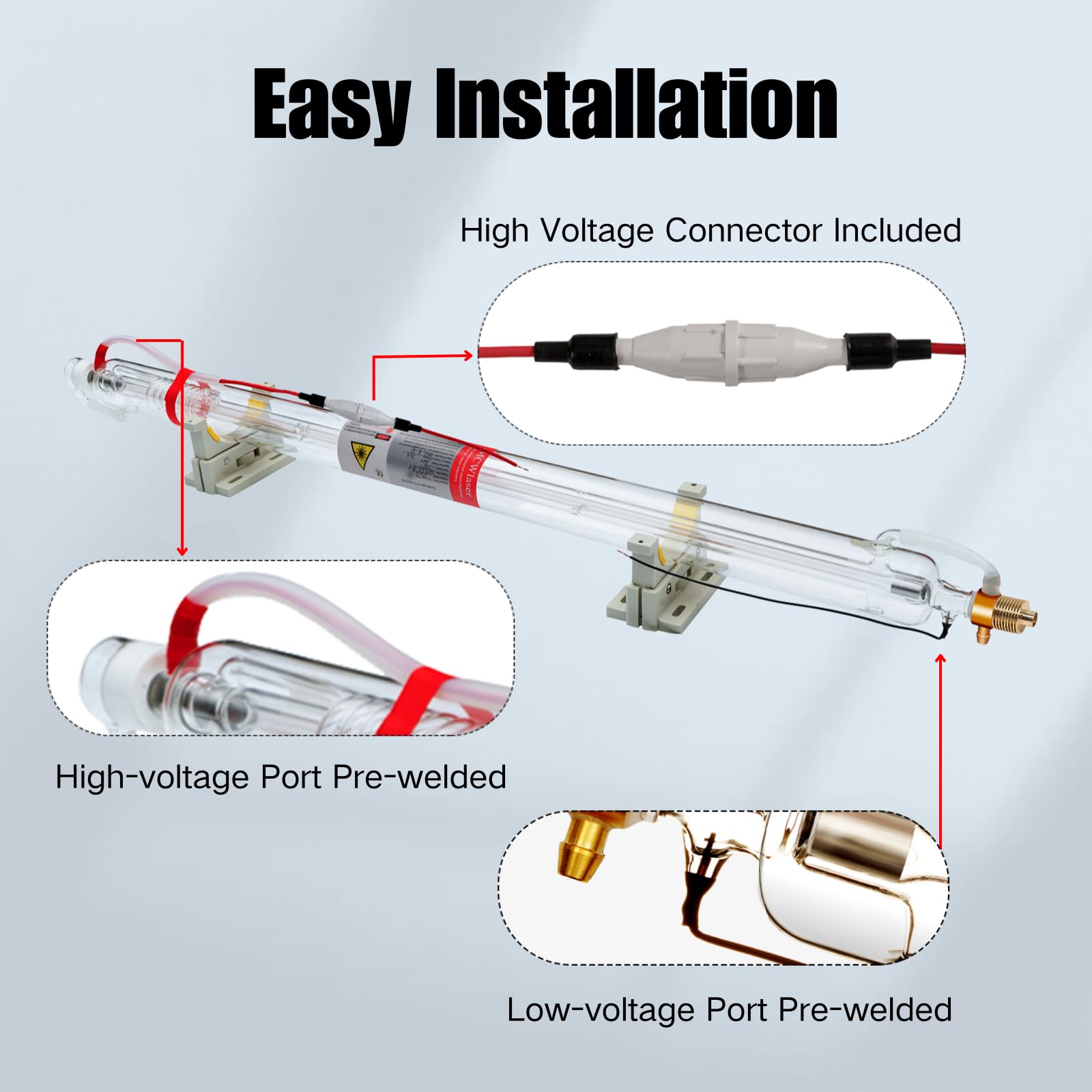 MCWlaser 70W CO2 Laser Tube - 1250mm Length, 55mm Diameter Glass Laser Tube for Engraving & Cutting (60W-80W Power Range) with Preconnected Metal Head & Coating Cable - Perfect for DIY Projects, Sign Making, and Industrial Applications