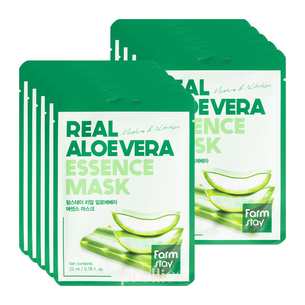 Farmstay Real Aloe Vera Essence Mask - 10 Sheet Pack for Hydrating & Soothing Skin - Perfect for Daily Skincare Routine & Post-Sun Care