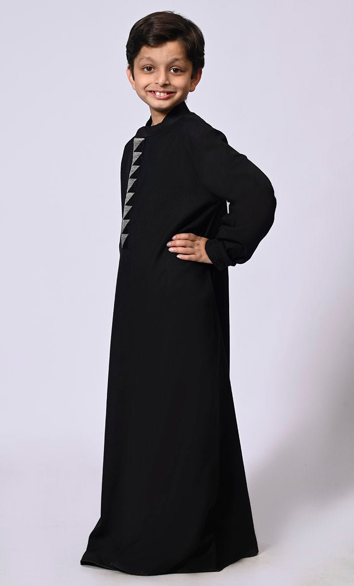 Boys Black Thobe with Geometric Embroidery & Pockets | Islamic Traditional Dress for Eid, Ramadan & Special Occasions