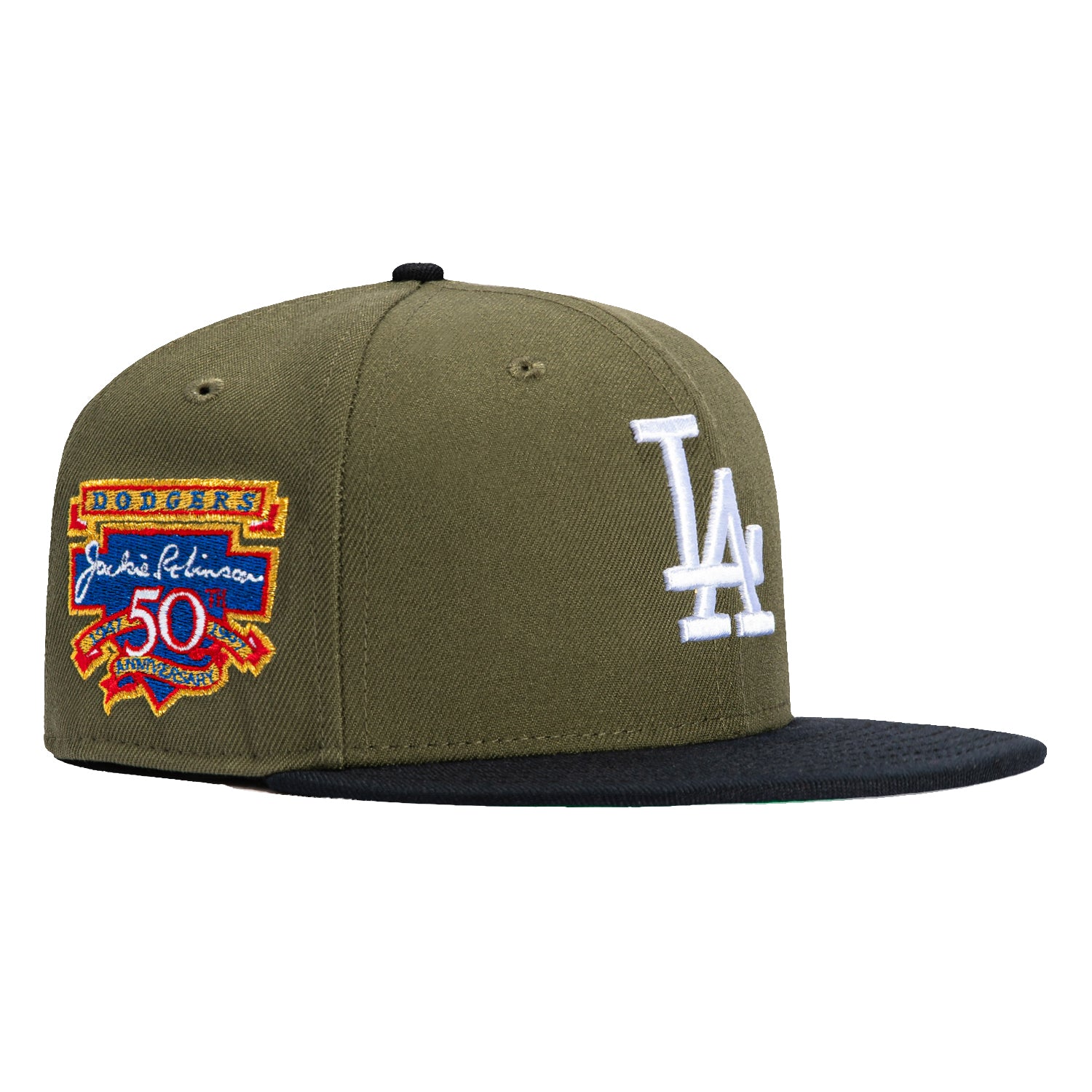 New Era 59Fifty Los Angeles Dodgers Jackie Robinson 50th Anniversary Patch Snapback Hat - Olive, Navy & White Colors - Perfect for Baseball Games, Fan Collections & Streetwear Fashion