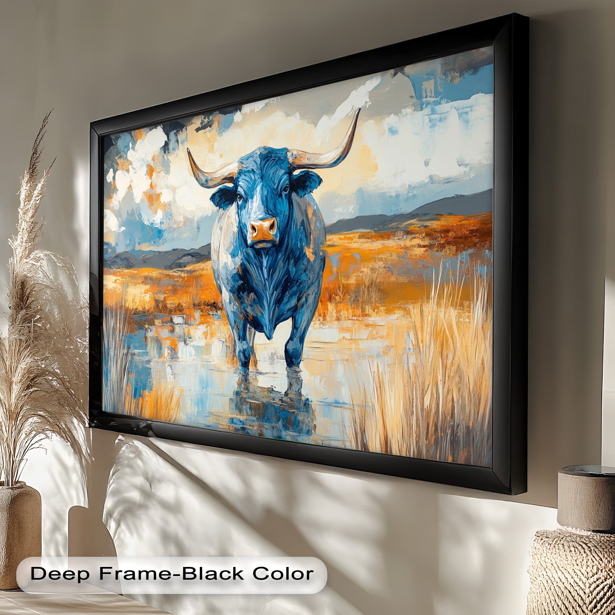 Blue Desert Bull - Hand Painted Animal Oil Canvas Artwork | Western Wildlife Decor for Living Room, Bedroom & Office