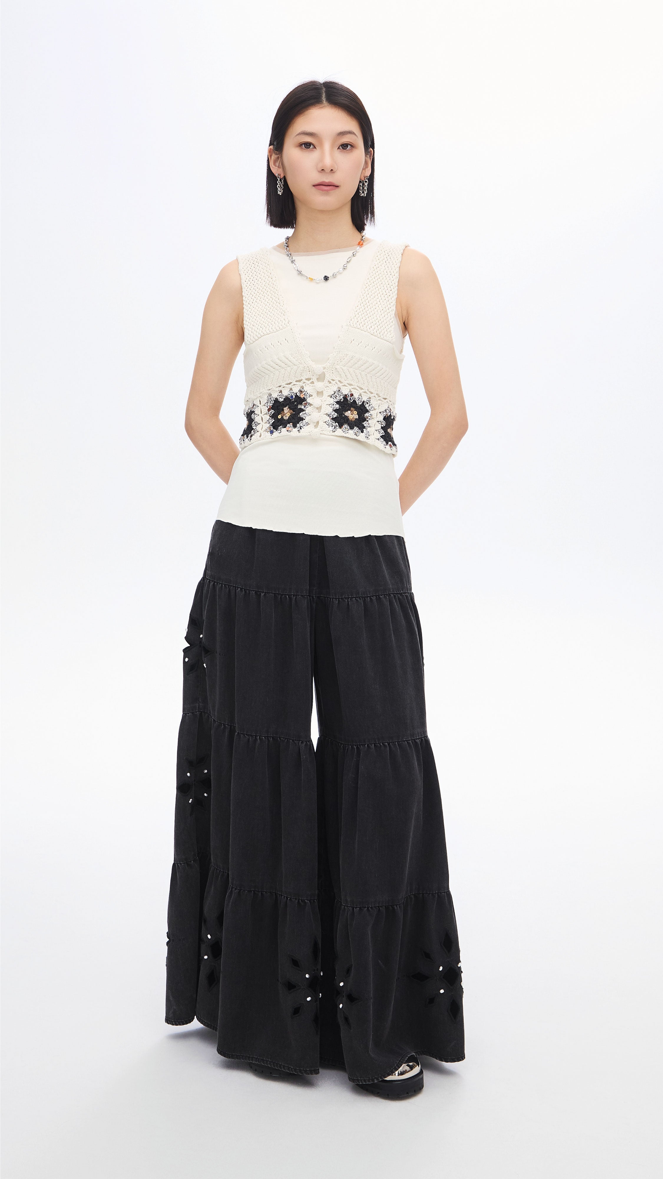 Embroidered Eyelet Tiered Jeans for Women - Stylish Distressed Denim Pants with Lace Trim - Perfect for Casual Outings, Date Nights & Summer Fashion