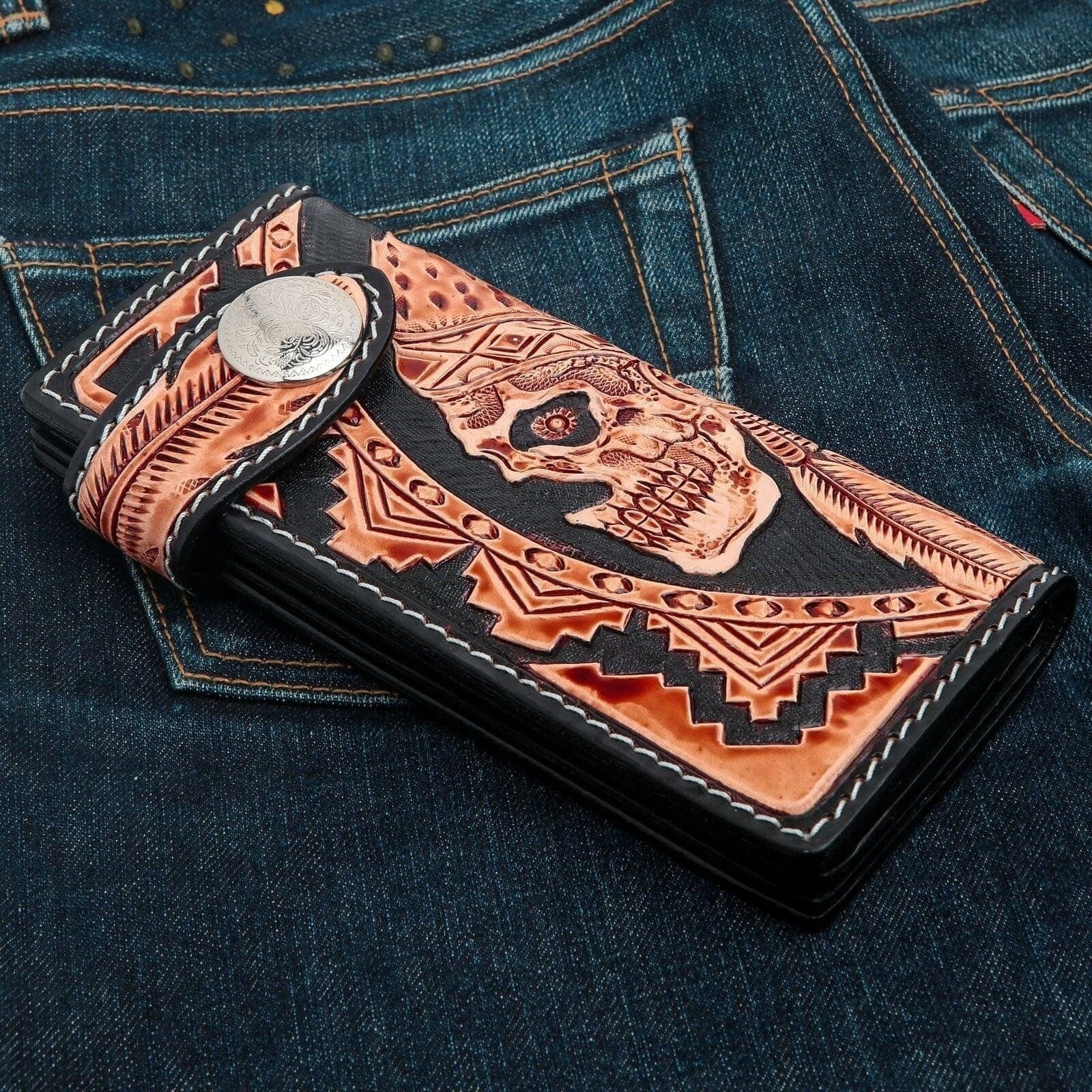 Genuine Leather Indian Skull Biker Wallet for Men - Handmade Motorcycle Wallet with Chain - Perfect for Bikers, Riders & Outdoor Enthusiasts