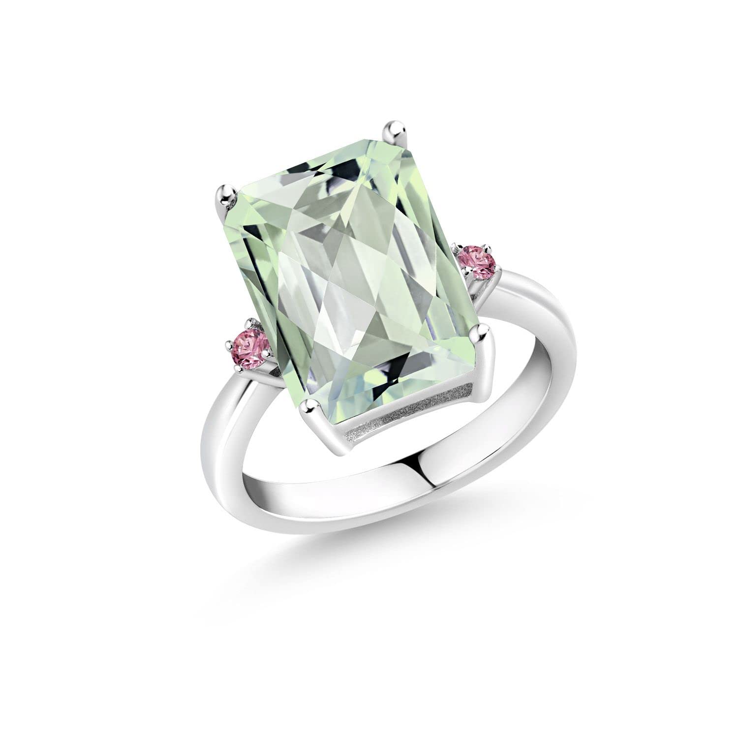 6.68 Ct Green Prasiolite & Pink Lab-Grown Diamond Octagon Checkerboard Ring in 925 Sterling Silver | Gem Stone King | Elegant Jewelry for Women, Engagement, Wedding & Special Occasions
