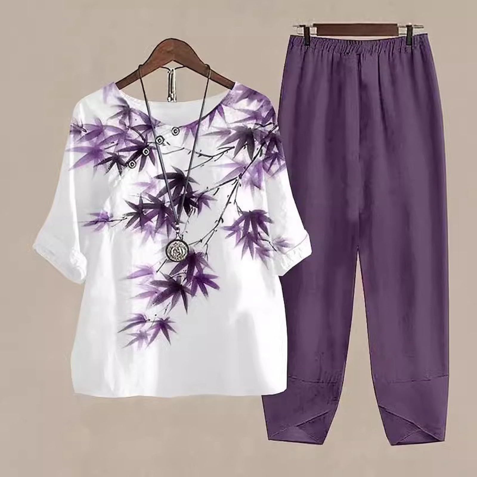 Prime Overnight Eligible Women's 2-Piece Summer Outfit Set - 3/4 Sleeve Shirt & Camouflage Capri Pants in Retro Color Block | Soft Comfy Tracksuit for Casual Wear, Gym, and Outdoor Activities | Free Samples for Prime Members