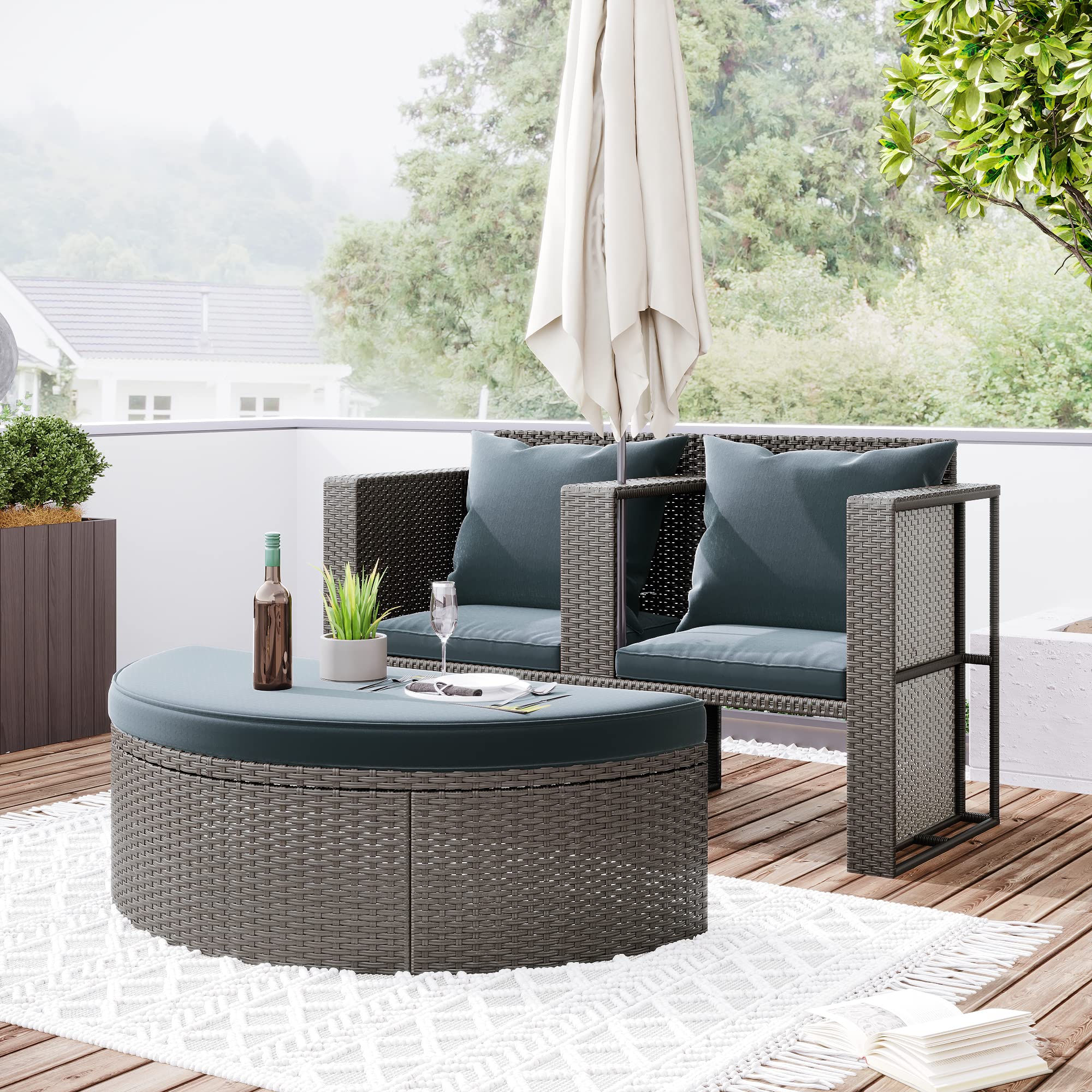 Merax 2-Piece All-Weather PE Wicker Patio Conversation Set - Outdoor Rattan Sofa with Side Table, Half-Moon Sectional Furniture in Grey - Perfect for Backyard, Garden, Poolside & Terrace Relaxation