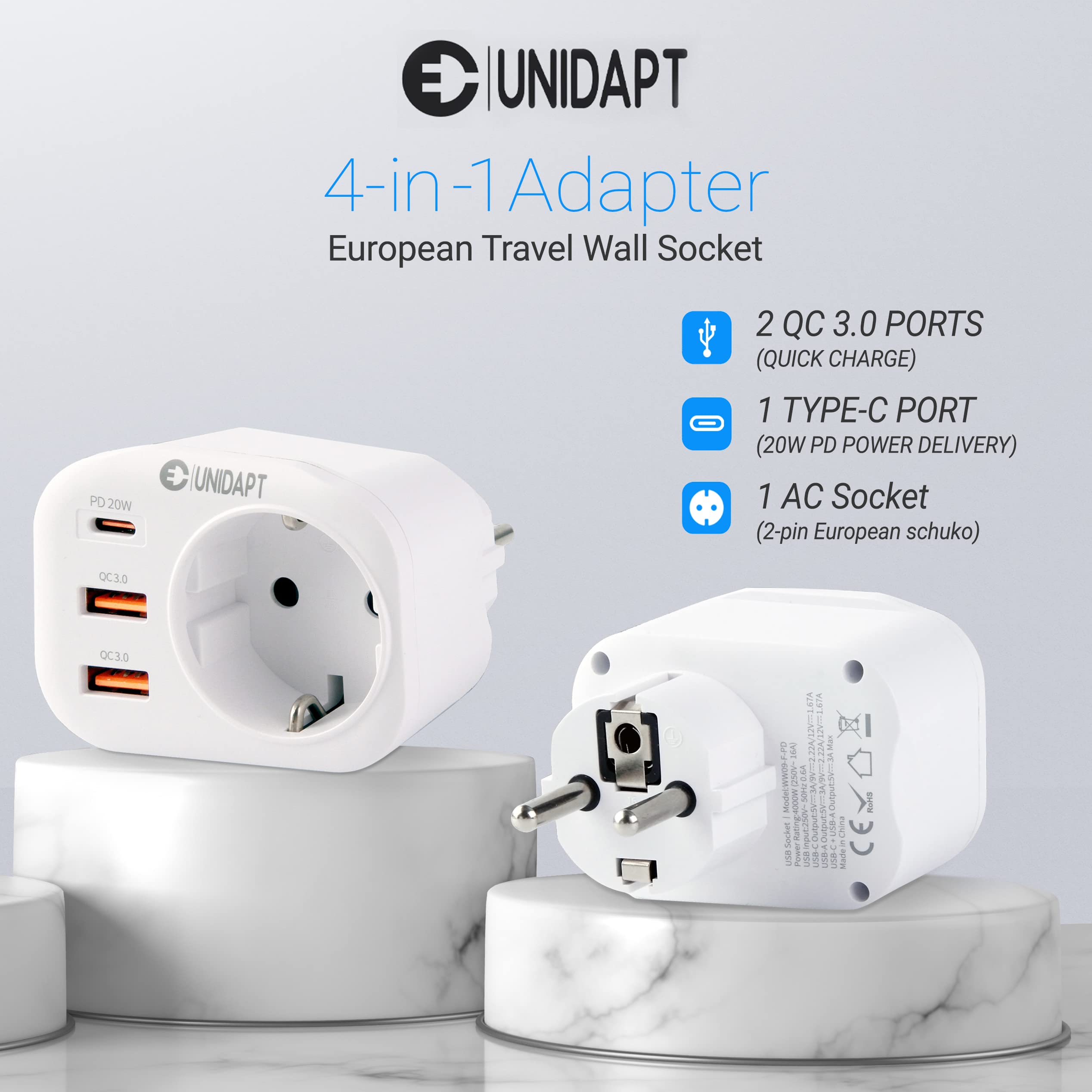 20W USB C Wall Charger with Fast Charging - Unidapt 3-Port USB Outlet (2 USB-A QC 3.0 + 1 PD USB-C) 4000W(16A) Multi USB Charger Adapter - Perfect for Home, Office & Travel (White)