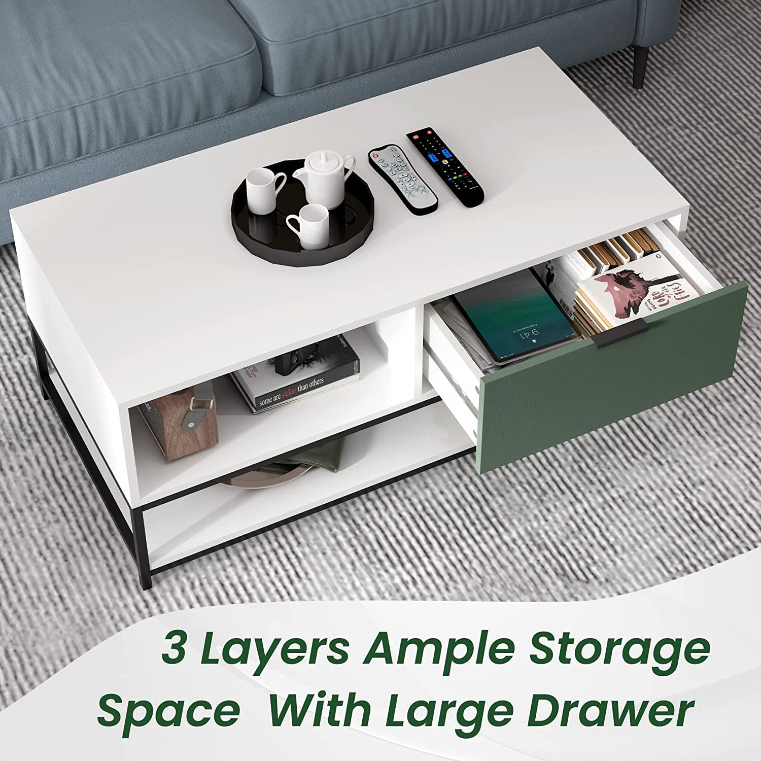 Watson White & Green Wood Coffee Table with Steel Frame, Shelves & Drawer - Modern Living Room Furniture for Small Spaces, Apartments & Home Decor