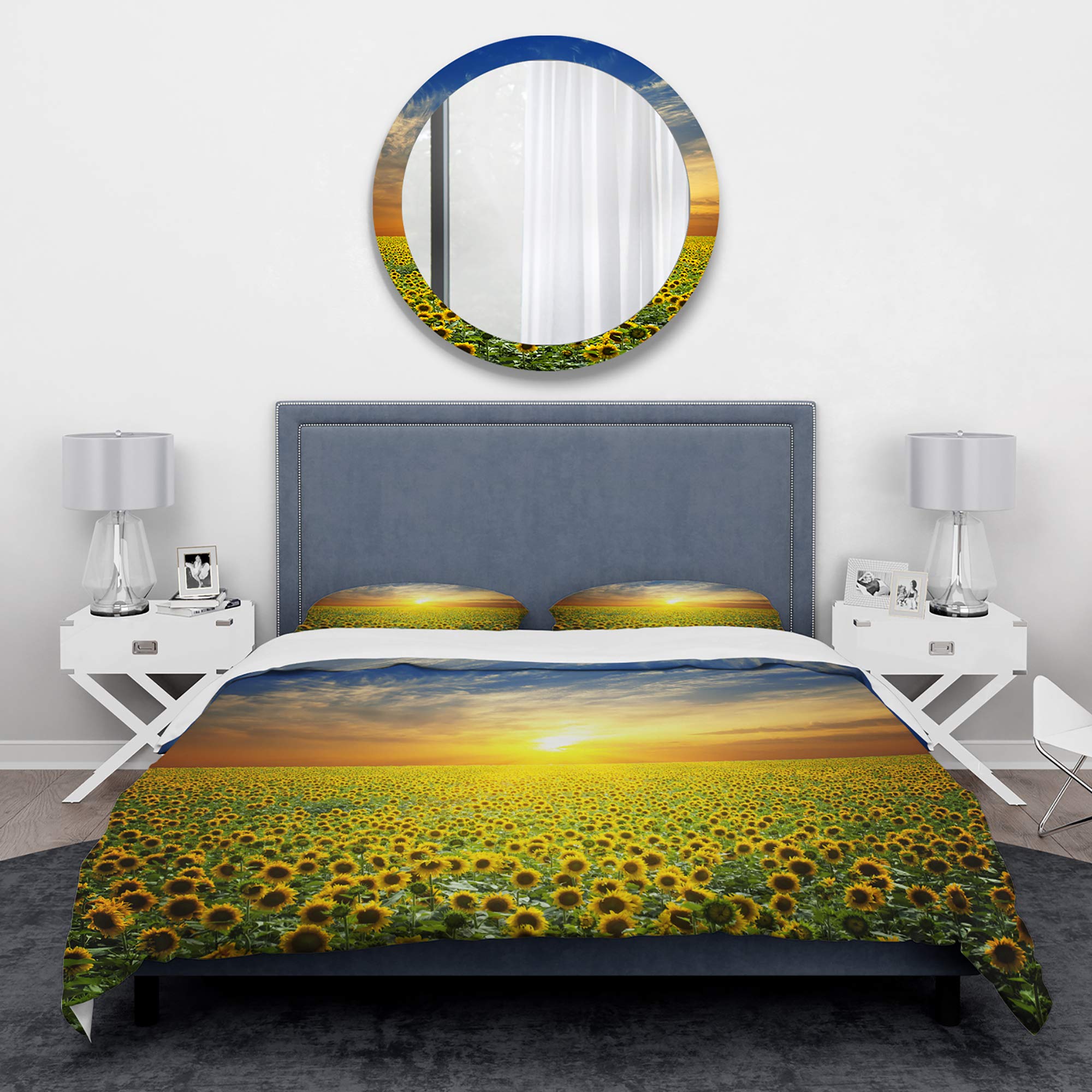 Sunflower Field Sunset Duvet Cover Set Queen - Yellow Floral Bedding 3-Piece All Season Coastal Decor for Beach House & Boho Bedroom