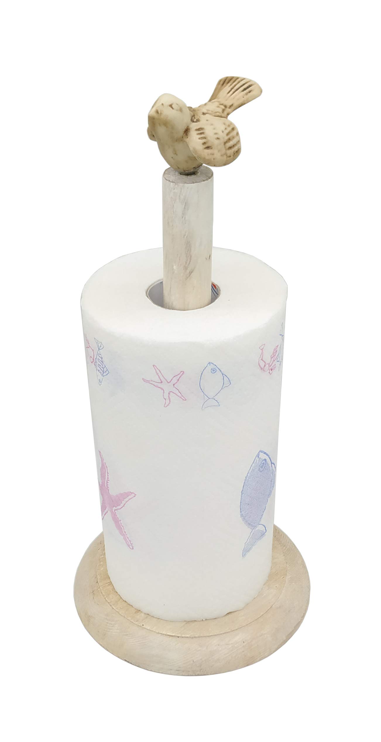 Vintage Bird Design Shabby Chic Whitewashed Wood Paper Towel Holder - One-Handed Tear Kitchen Paper Towel Dispenser with Weighted Base for Standard Rolls | Perfect for Farmhouse, Cottage & Rustic Kitchens
