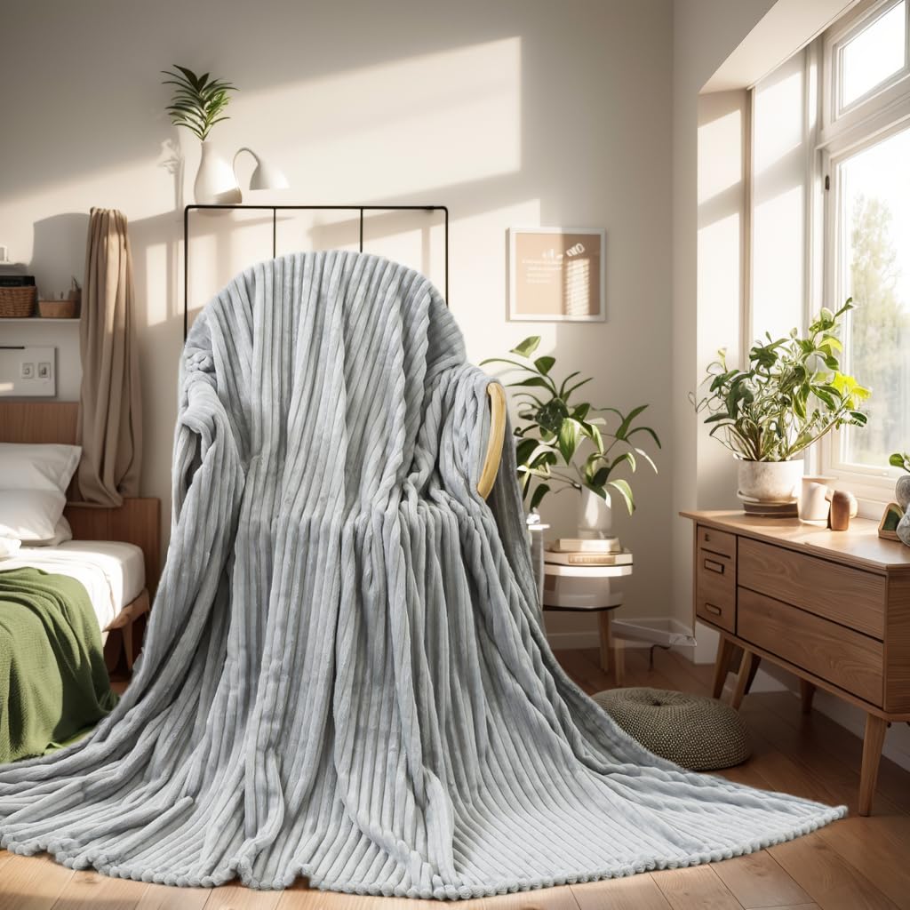 Cozy Fluffy Fleece Blanket for Travel, Sofa & Bed - Soft Warm Striped Throw 50x60 Inches (Ash Grey) - Perfect for Lounging, Camping & Gifting