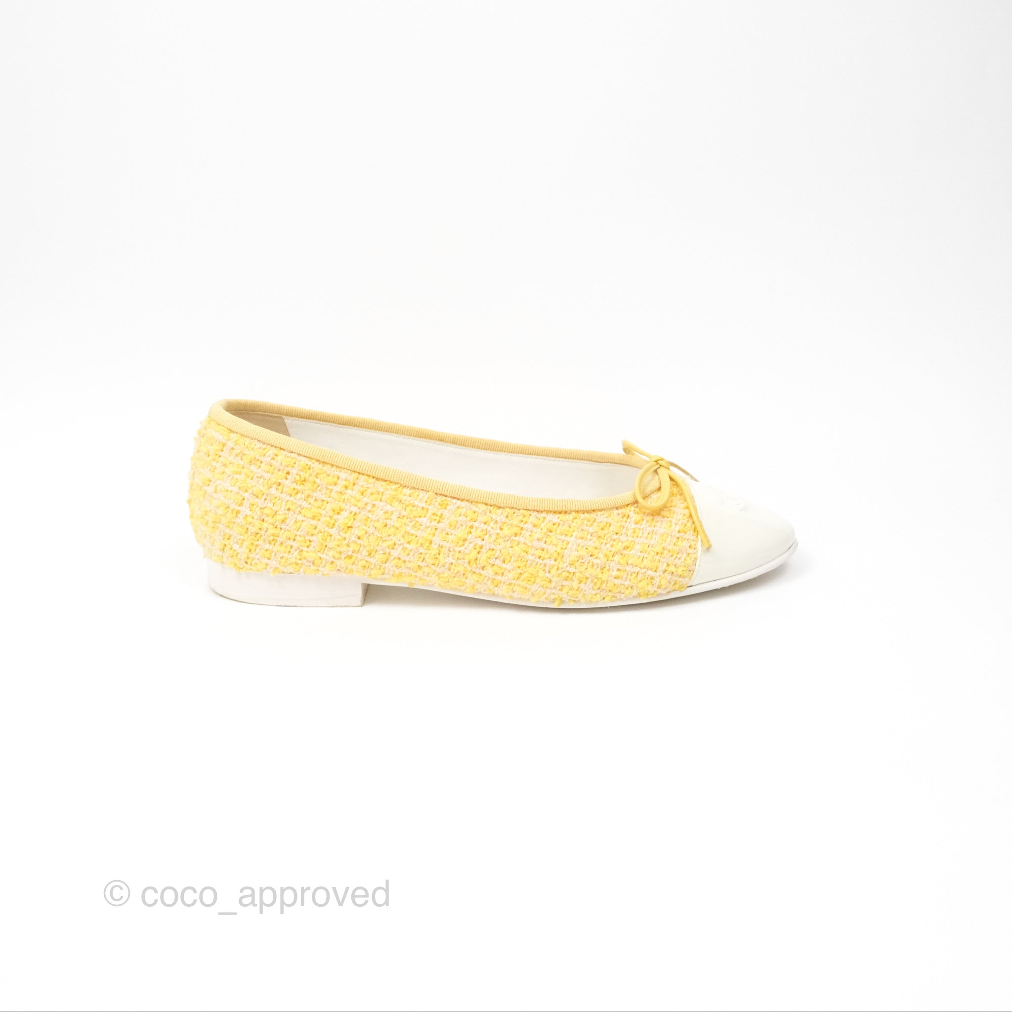 Chanel Ballerina Flats in Yellow Tweed with White Accents - Women's Size 37 (US 7) | Classic Comfortable Ballet Shoes for Work, Date Night & Casual Outings