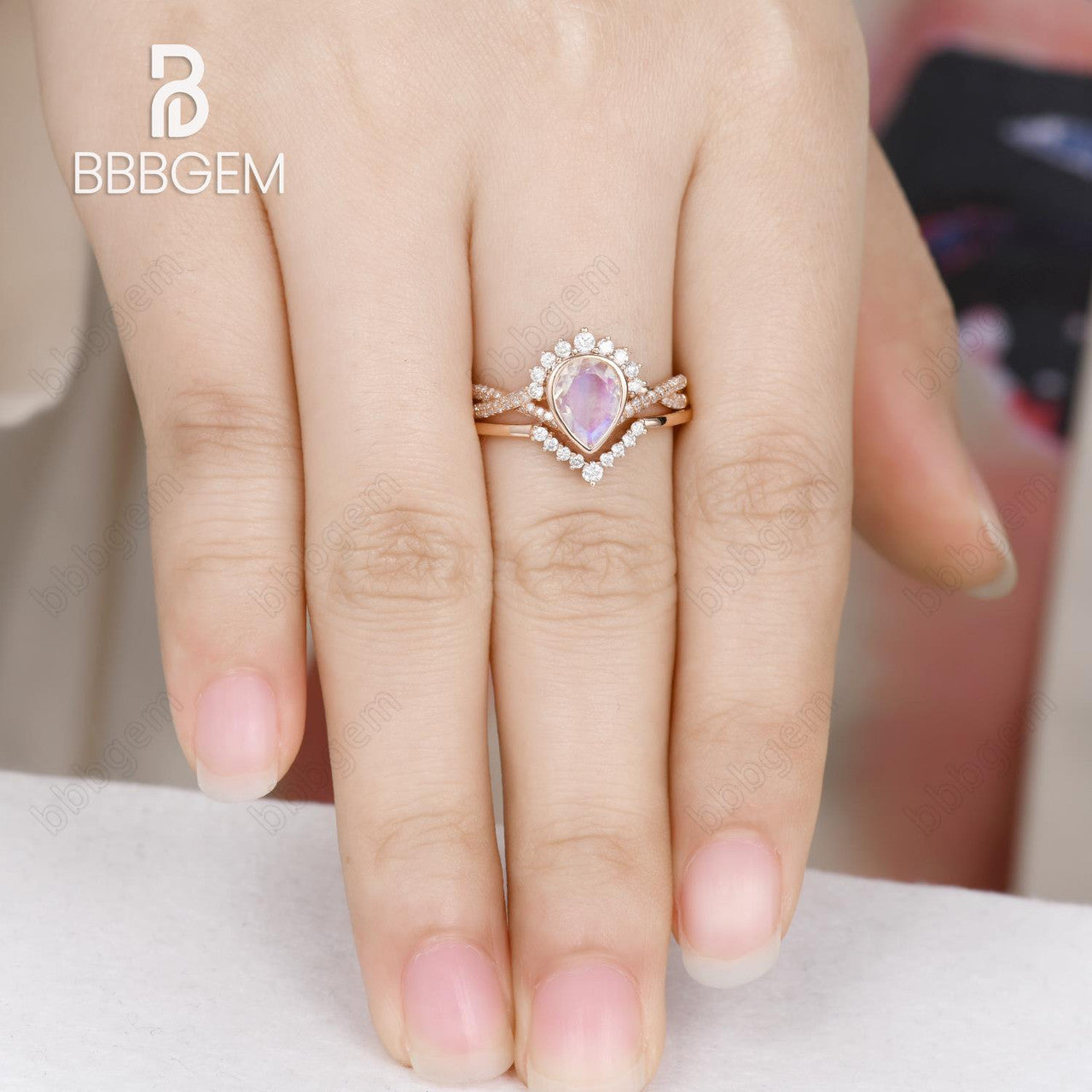 1 Carat Pear Shaped Moonstone Engagement Ring Set with Rose Gold Diamond Wedding Band - Perfect for Bridal Jewelry, Anniversary Gifts & Romantic Proposals
