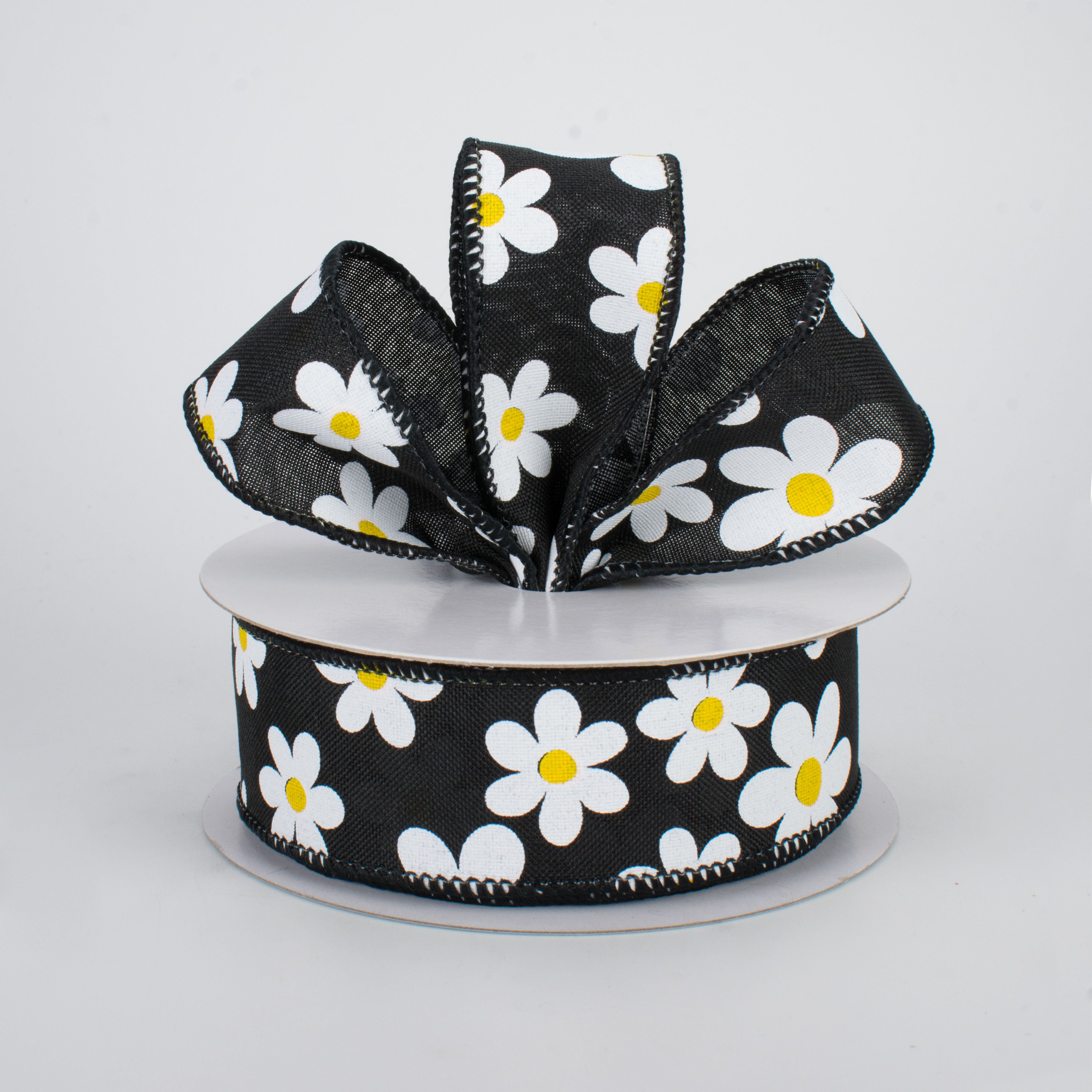 1.5 Inch Daisy Print Ribbon - Black Floral Grosgrain Ribbon (10 Yards) for Gift Wrapping, DIY Crafts, Hair Bows and Party Decorations