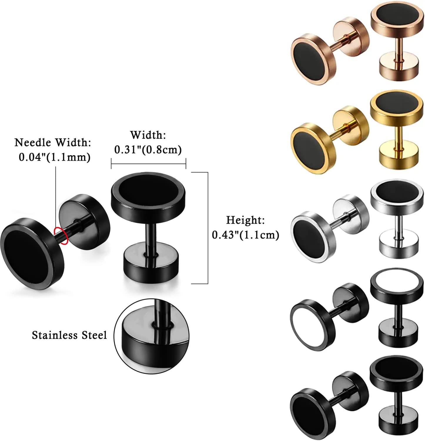 Aroncent 8MM Stainless Steel Fake Gauge Stud Earrings for Men & Women - Rose Gold Plated Fake Earrings for Everyday Wear, Parties & Gifts