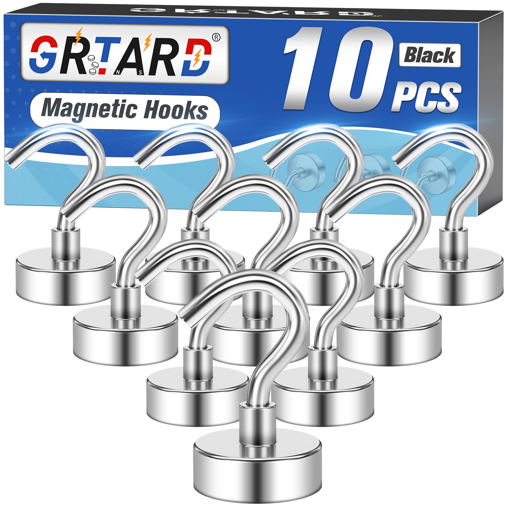Grtard 10-Pack Heavy Duty Magnetic Hooks - 25LB Capacity, Neodymium Steel for Strong Hold - Perfect for Hanging in Kitchen, Bathroom, Office & Outdoor Use