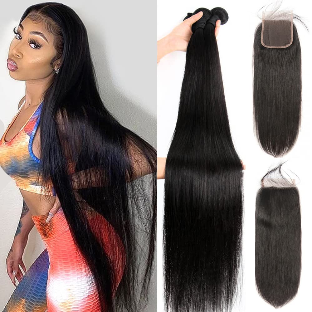100% Unprocessed Brazilian Virgin Human Hair Bundles with 4x4 Lace Closure (20 22 24+18) - Straight Hair Weave Extensions for Natural Look | Perfect for Daily Styling, Special Occasions & Protective Hairstyles