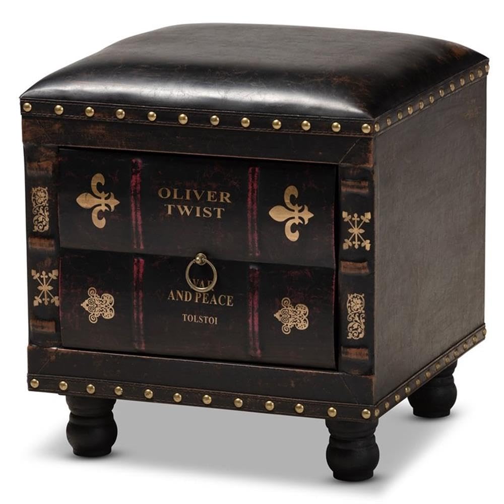 BOWERY HILL Dark Brown Faux Leather Storage Ottoman with Wooden Legs - Perfect for Living Room, Bedroom & Home Office Organization