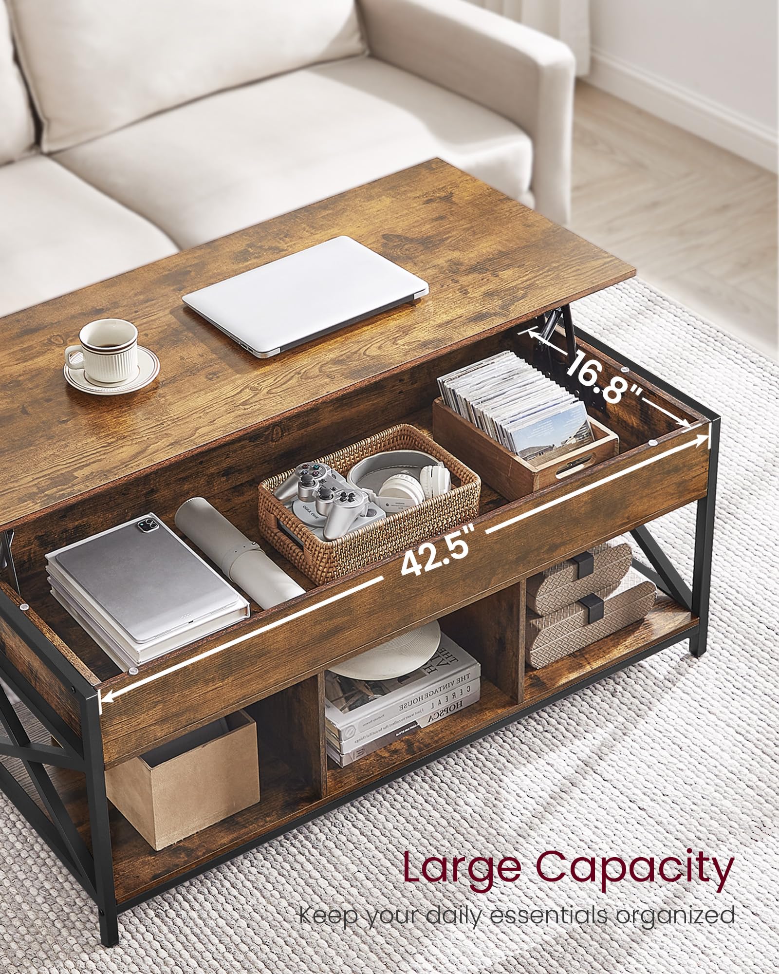 VASAGLE Industrial Lift Top Coffee Table with Hidden Storage Compartments, Rustic Brown & Black, 19.7