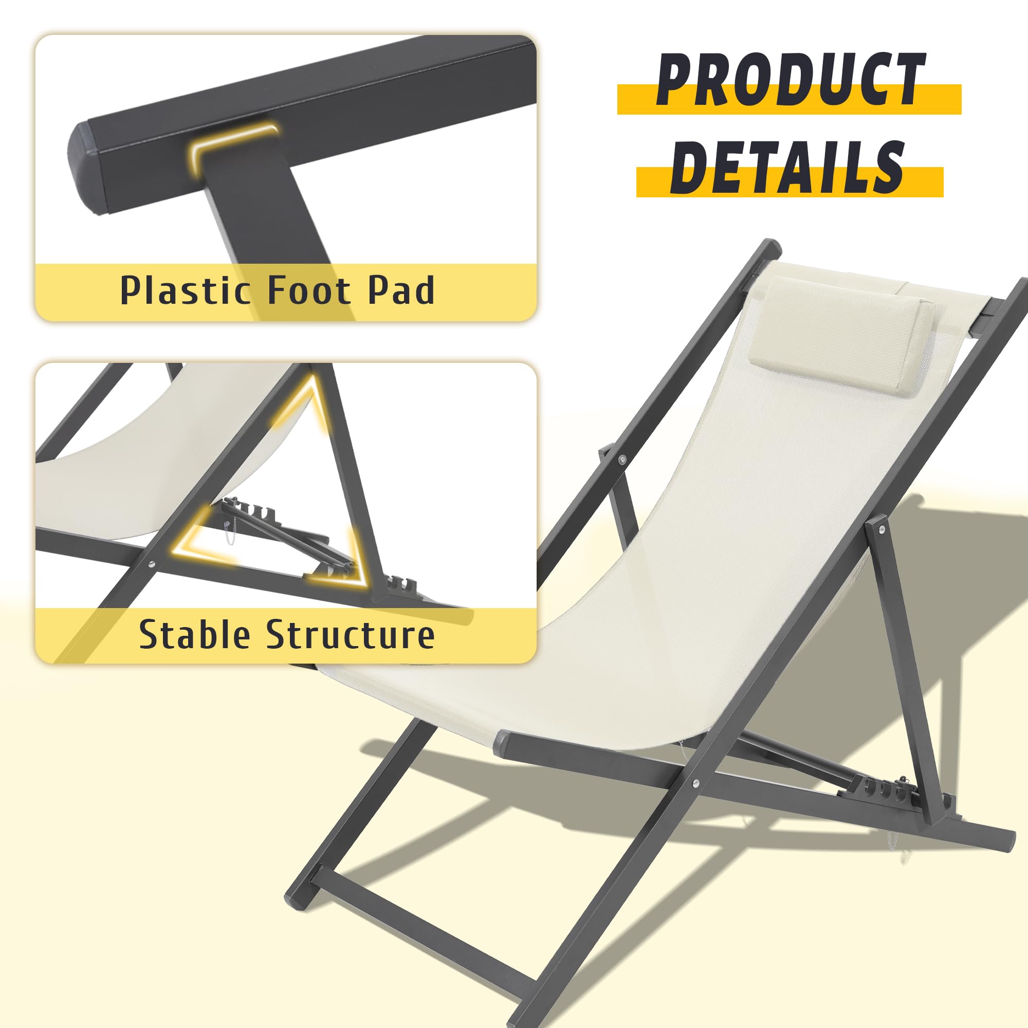 Set of 2 Outdoor Patio Sling Chairs with Matching Ottomans - Lightweight Foldable Aluminum Frame - Perfect for Deck, Poolside or Beach Relaxation - Beige - Ideal for Backyard, Garden and Vacation Homes