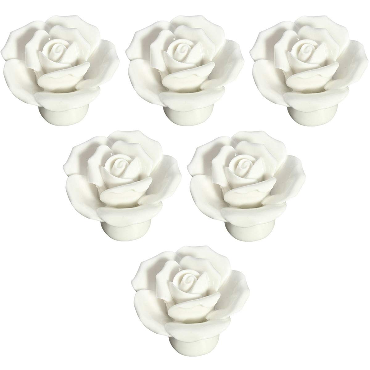 Vintage Ceramic Knobs 6PCS - Handmade Rose Design Cabinet Knobs for Drawers, Dressers & Furniture - White (Also Available in Red) - Perfect for Kitchen Cabinets, Bathroom Vanities & Vintage Home Decor