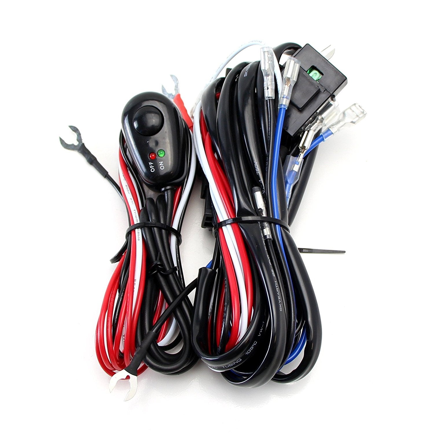 4 Output Relay Harness Wire Kit with LED ON/OFF Switch for Fog Lights & HID Work Lamps - Perfect for Off-Road Trucks, ATVs, and Marine Lighting Upgrades